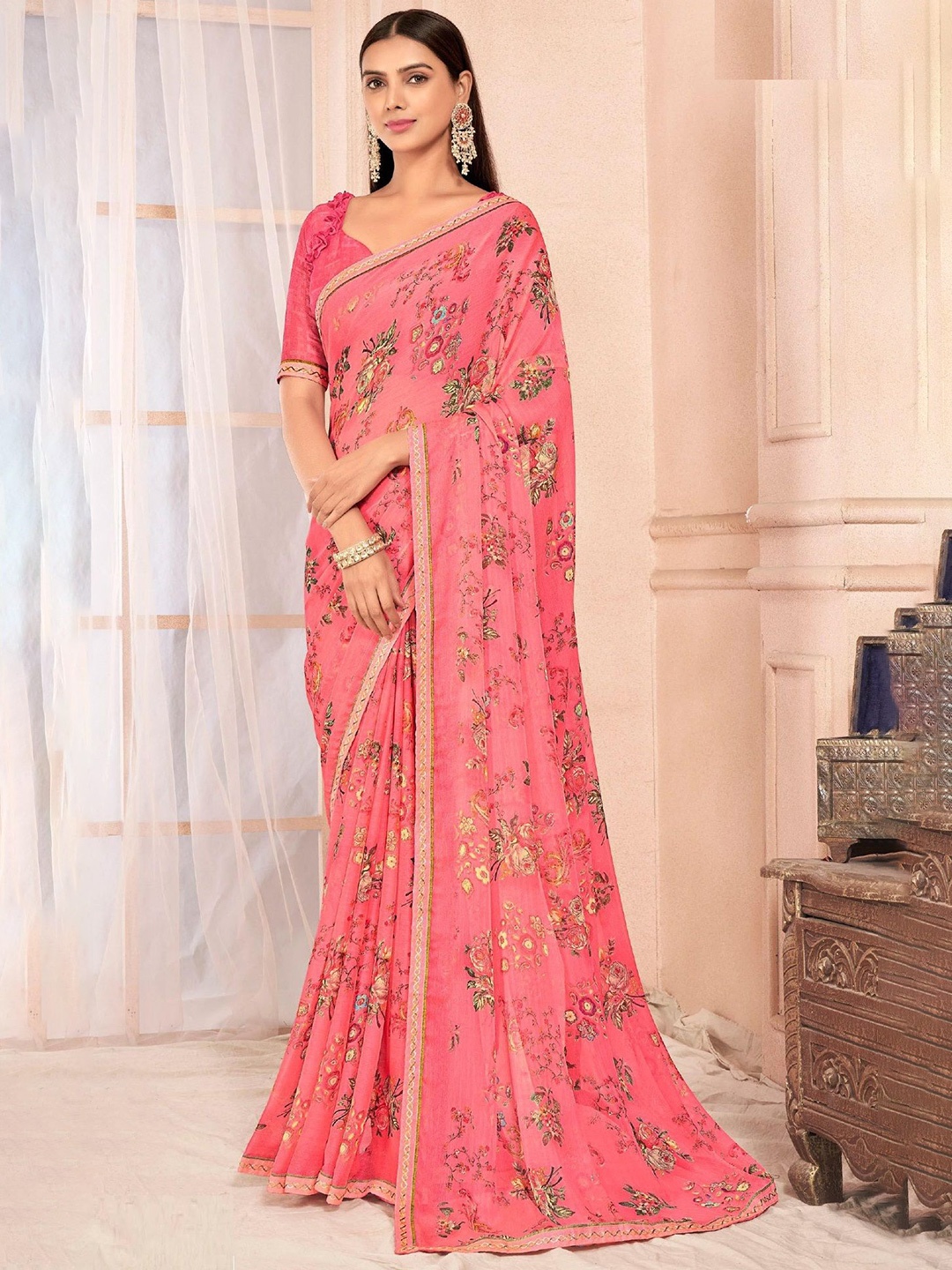 

Reboot Fashions Floral Zari Pure Chiffon Saree, Pink