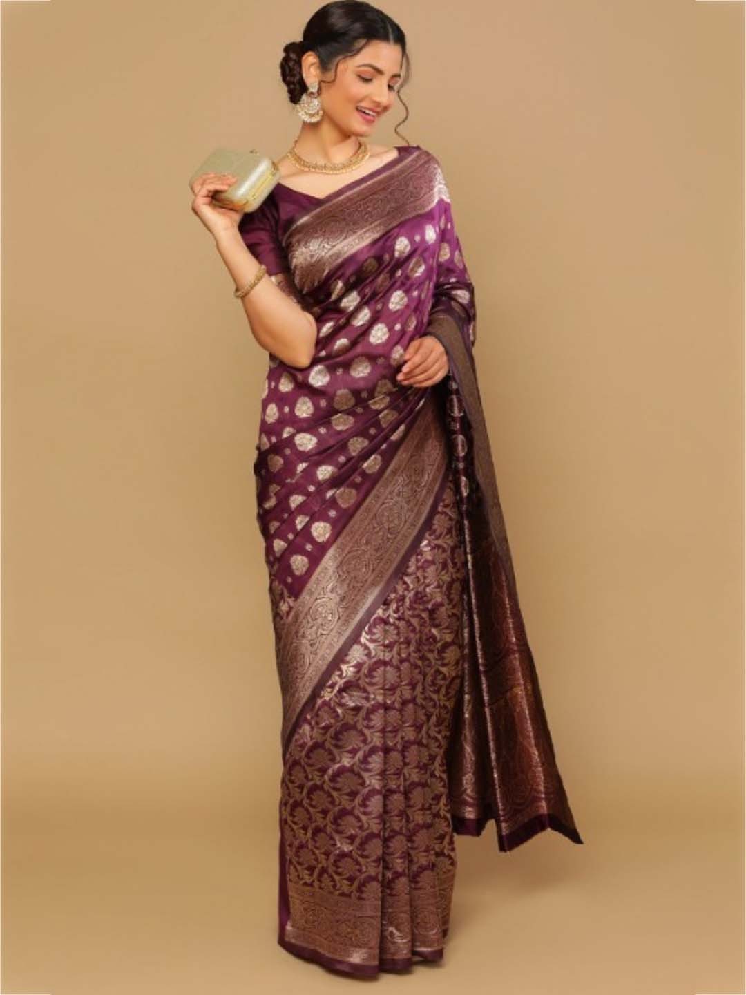 

KALINI Woven Design Zari Pure Silk Banarasi Saree, Purple