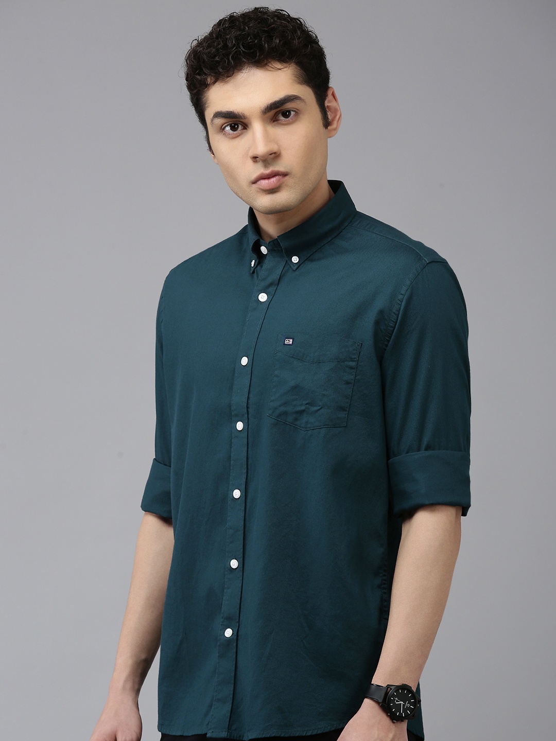 

Arrow Manhattan Slim Fit Self Design Textured Button-Down Collar Pure Cotton Casual Shirt, Green