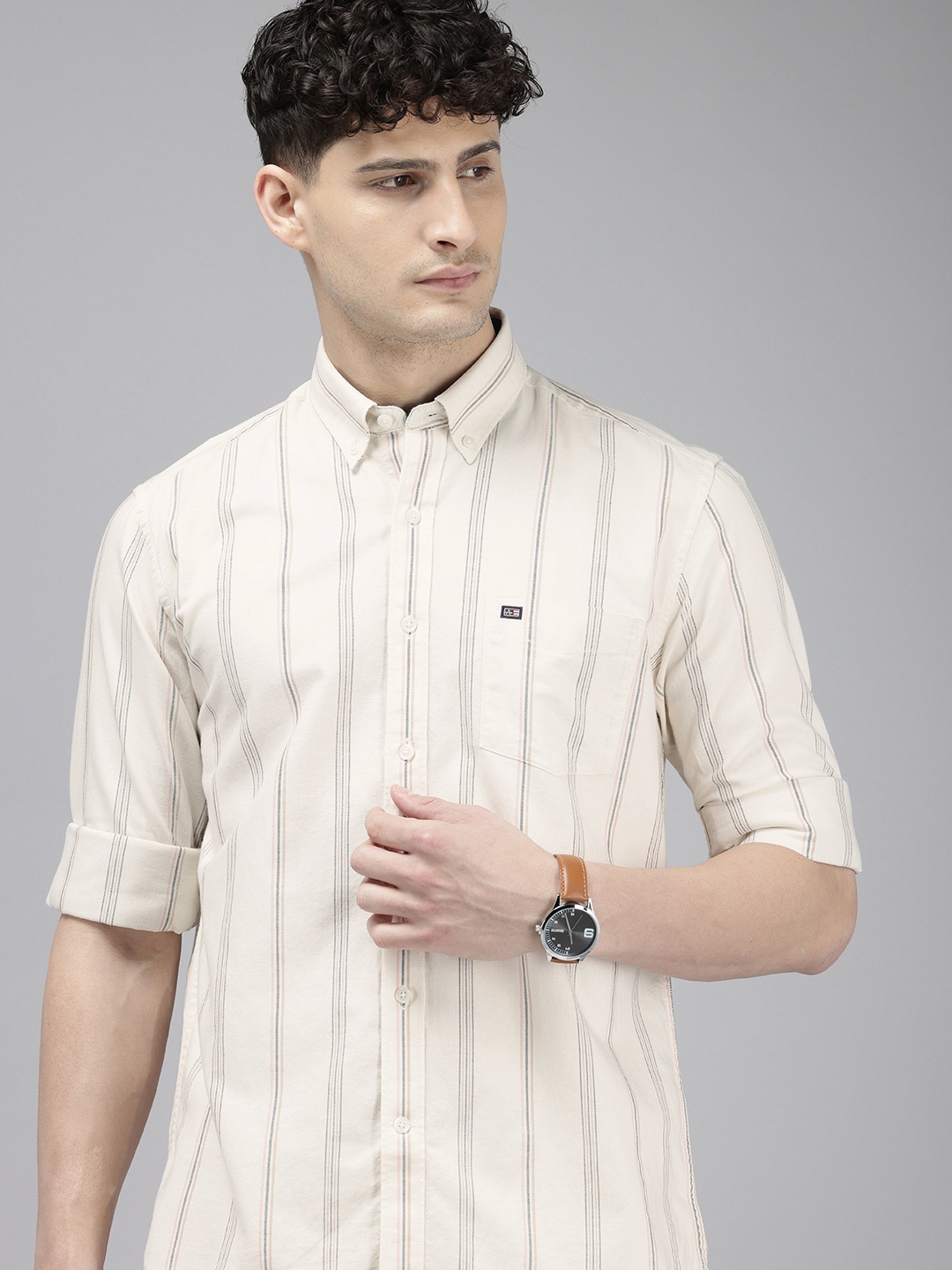 

Arrow Manhattan Slim Fit Opaque Striped Pure Cotton Casual Shirt, Beige