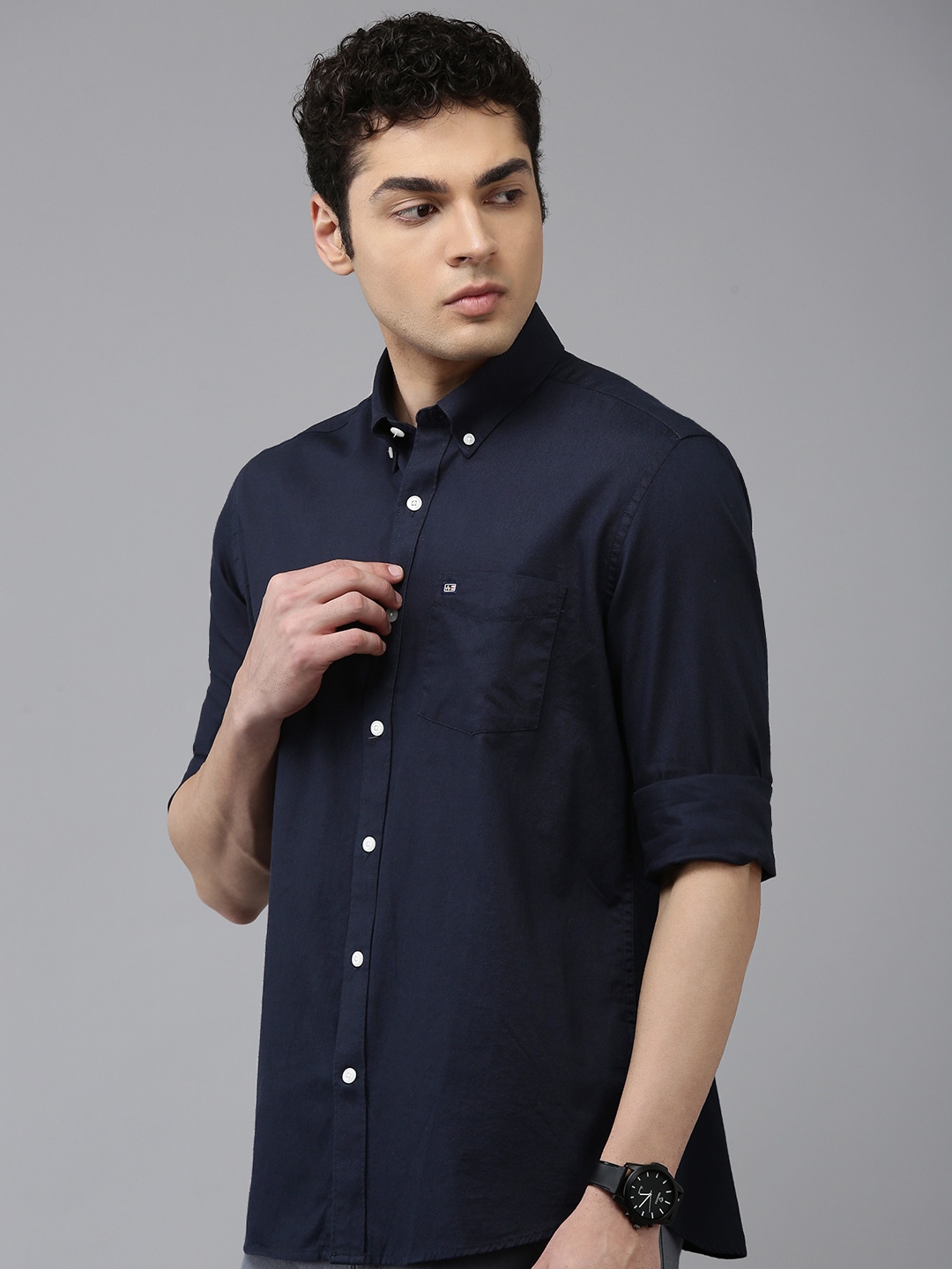 

Arrow Manhattan Slim Fit Self Design Textured Button-Down Collar Pure Cotton Casual Shirt, Navy blue