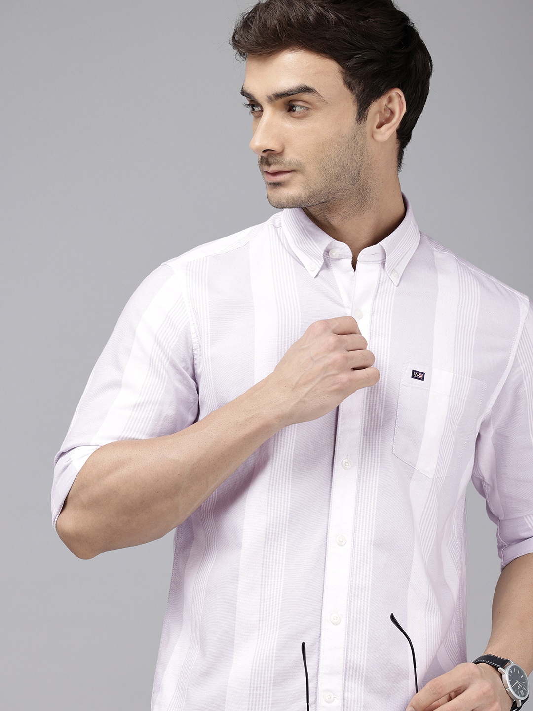 

Arrow Manhattan Slim Fit Striped Button-Down Collar Pure Cotton Casual Shirt, Grey