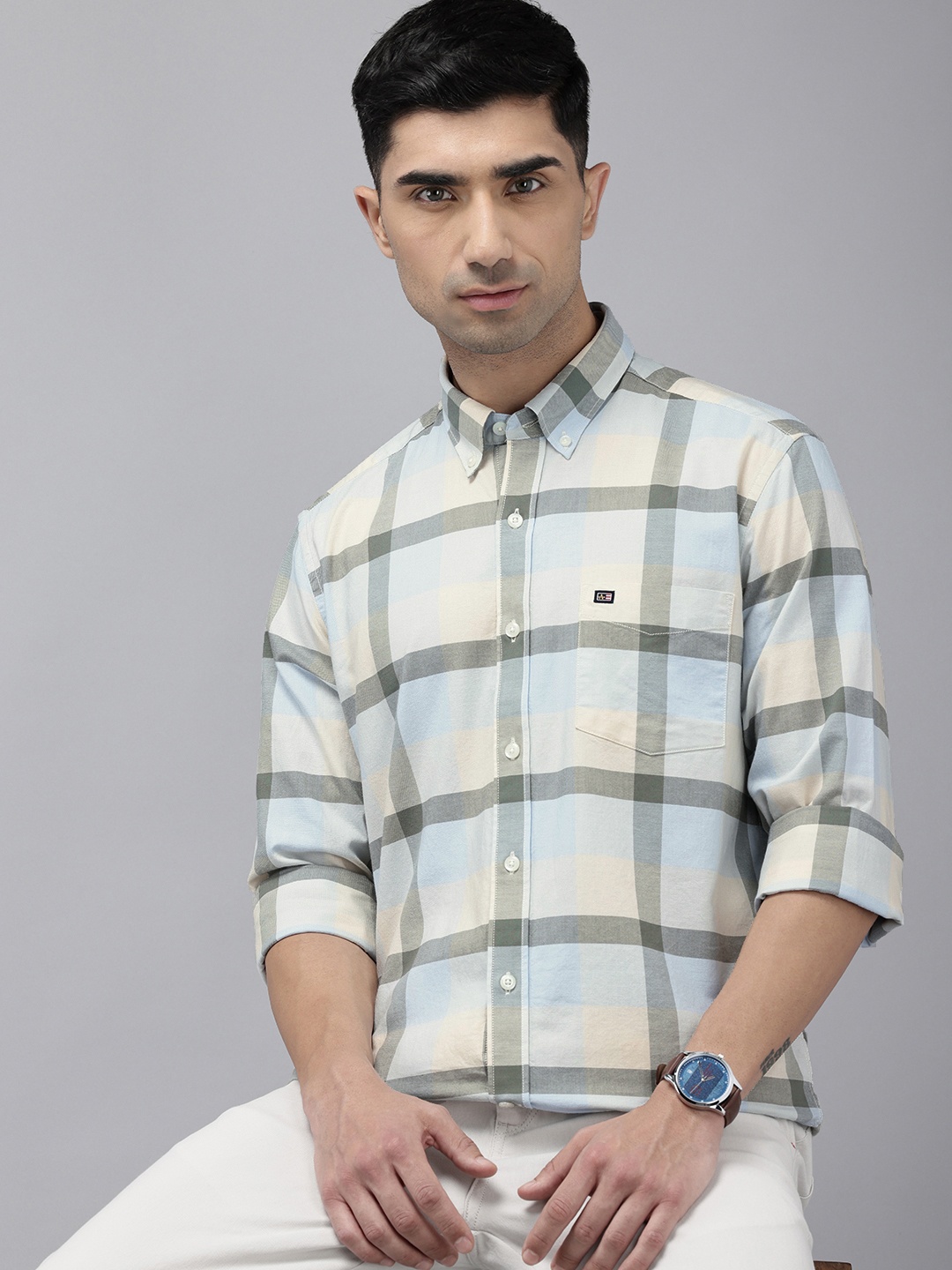

Arrow Manhattan Slim Fit Checked Pure Cotton Casual Shirt, Blue