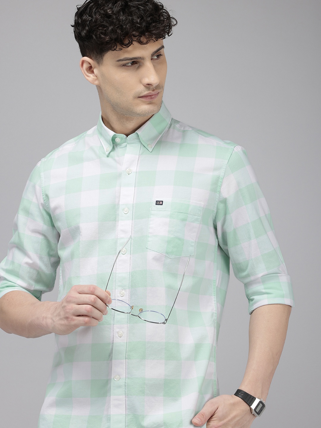 

Arrow Manhattan Slim Fit Checked Pure Cotton Casual Shirt, Green