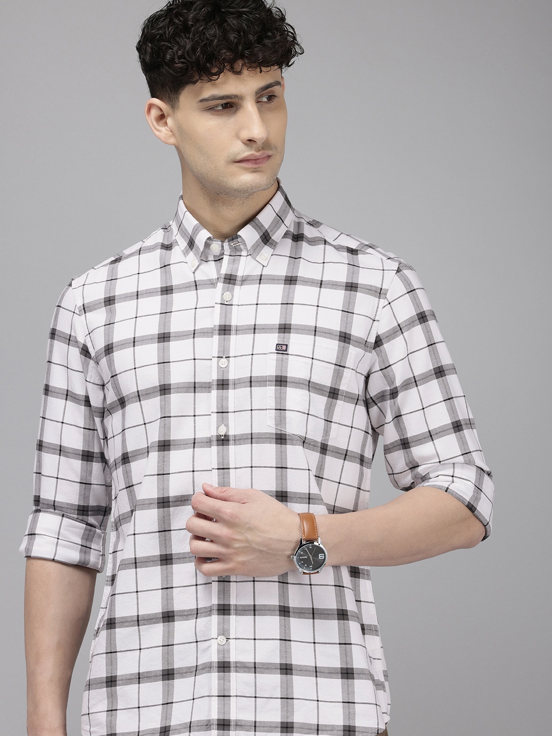 

Arrow Manhattan Slim Fit Checked Button-Down Collar Pure Cotton Casual Shirt, White