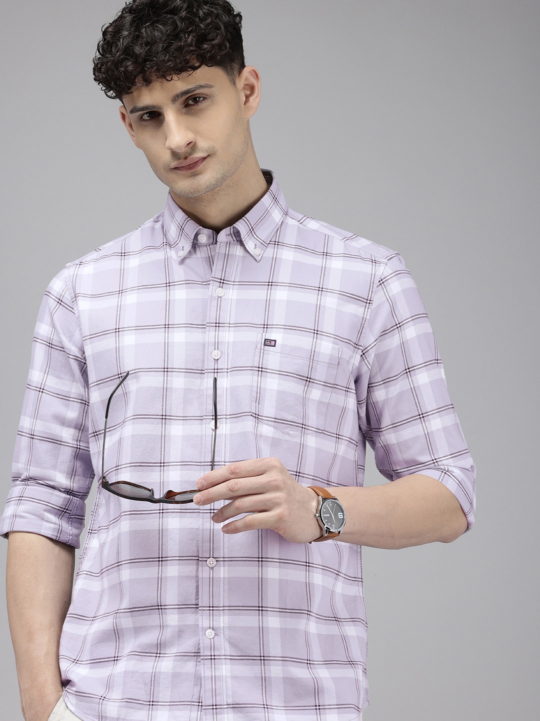 

Arrow Manhattan Slim Fit Opaque Checked Pure Cotton Casual Shirt, Lavender