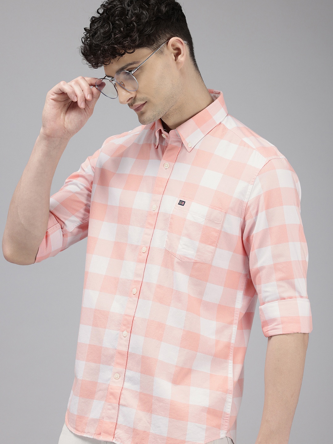 

Arrow Manhattan Slim Fit Checked Pure Cotton Casual Shirt, Peach