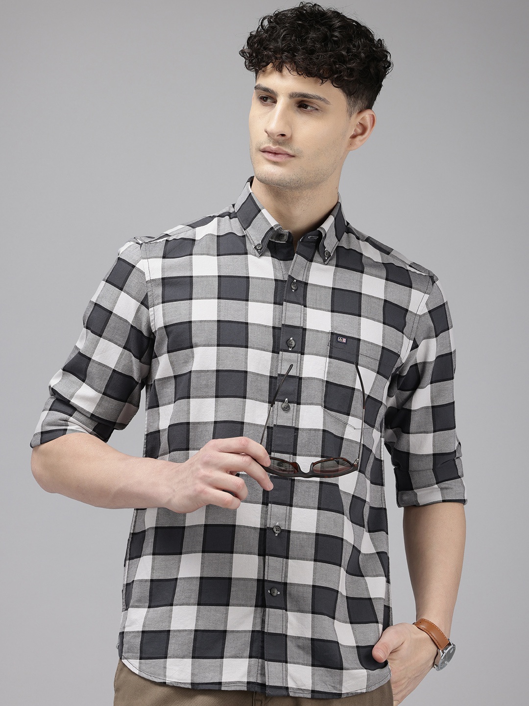 

Arrow Manhattan Slim Fit Checked Pure Cotton Casual Shirt, Charcoal