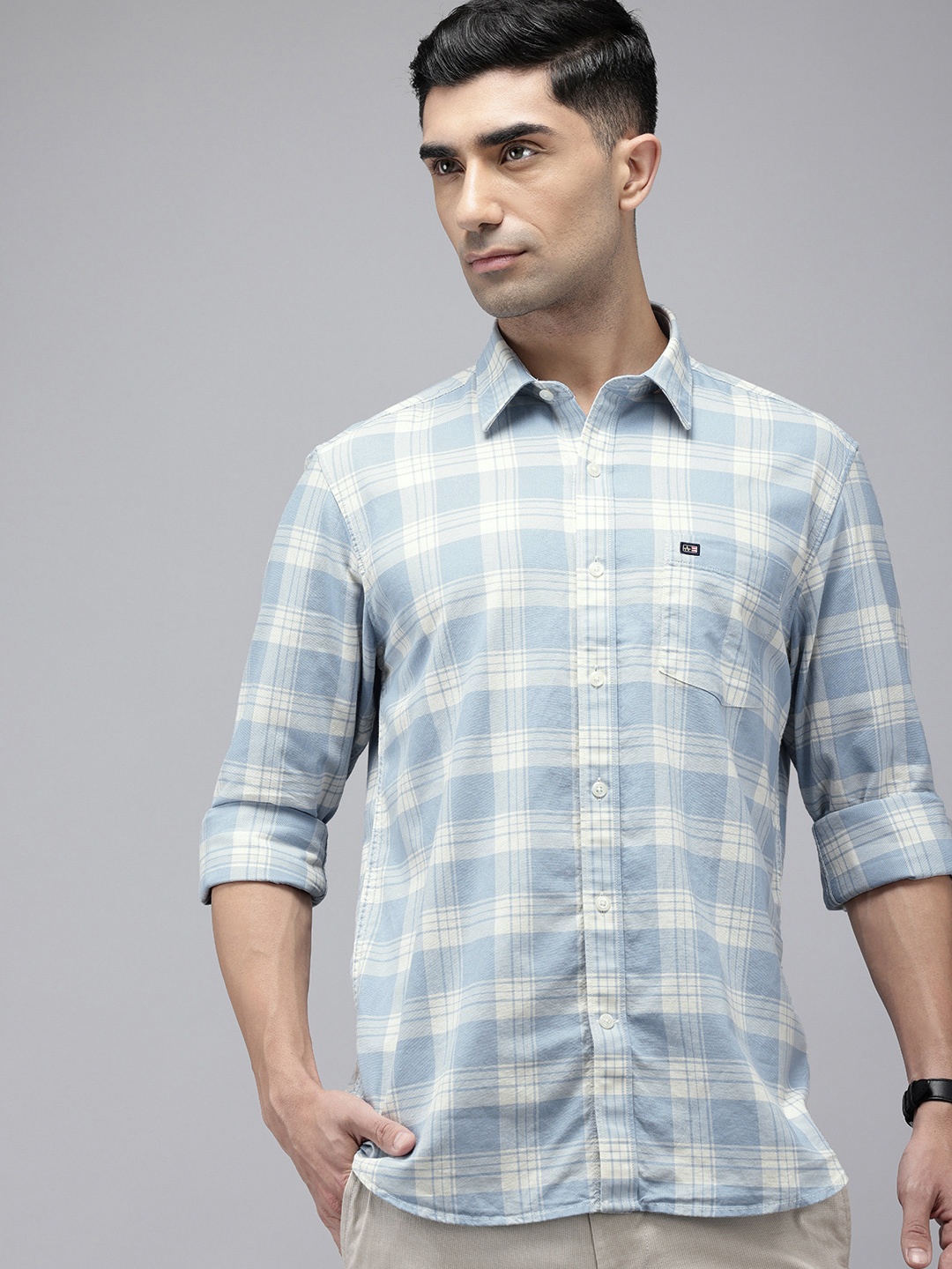 

Arrow Manhattan Slim Fit Checked Pure Cotton Casual Shirt, Blue