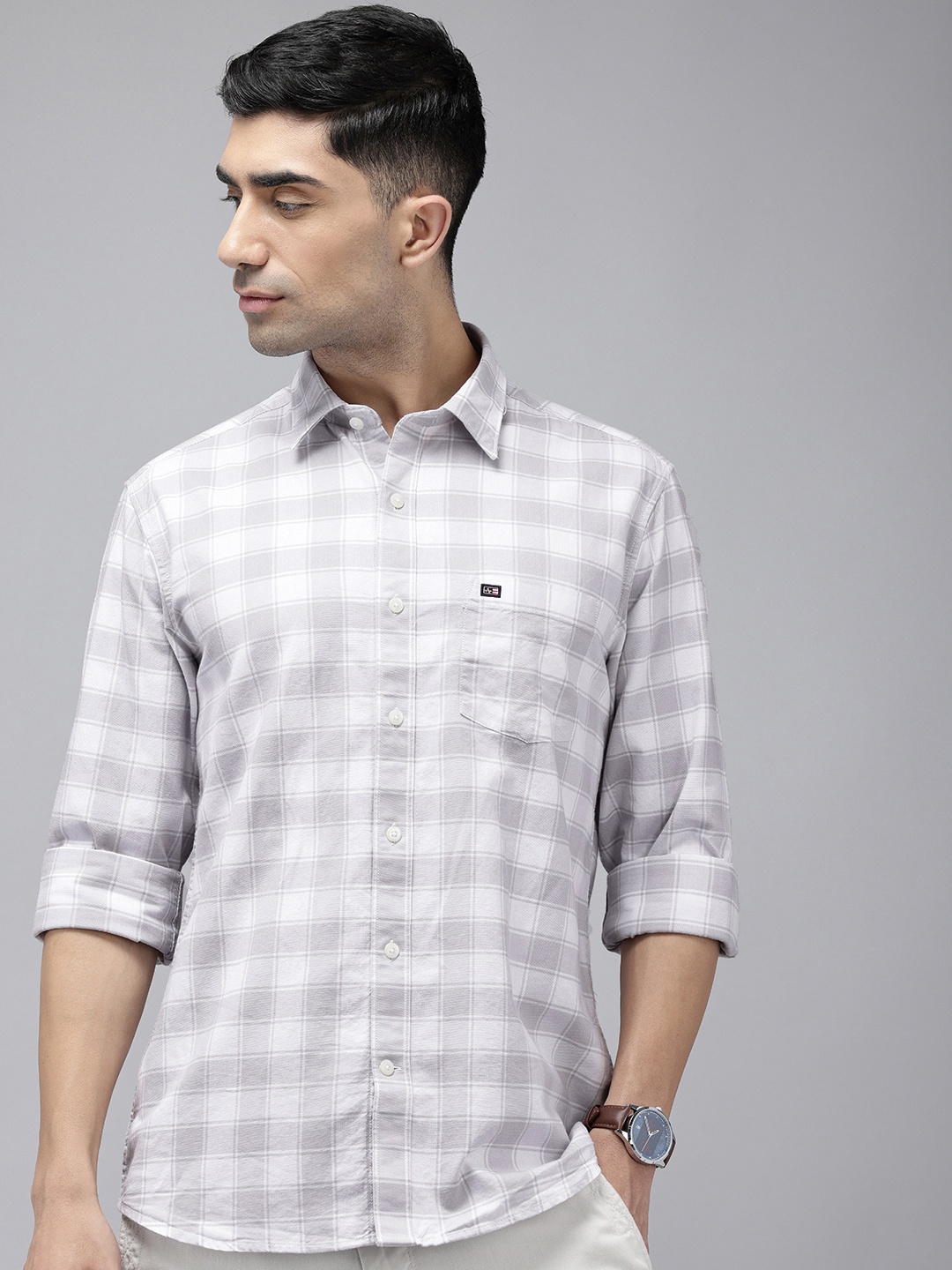 

Arrow Manhattan Slim Fit Checked Pure Cotton Casual Shirt, Grey