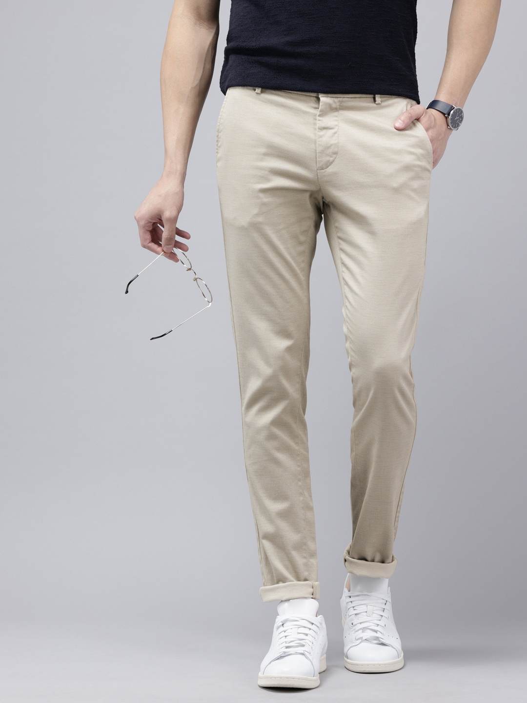 

Arrow Men Textured Slim Fit Low-Rise Smart Casual Trousers, Beige