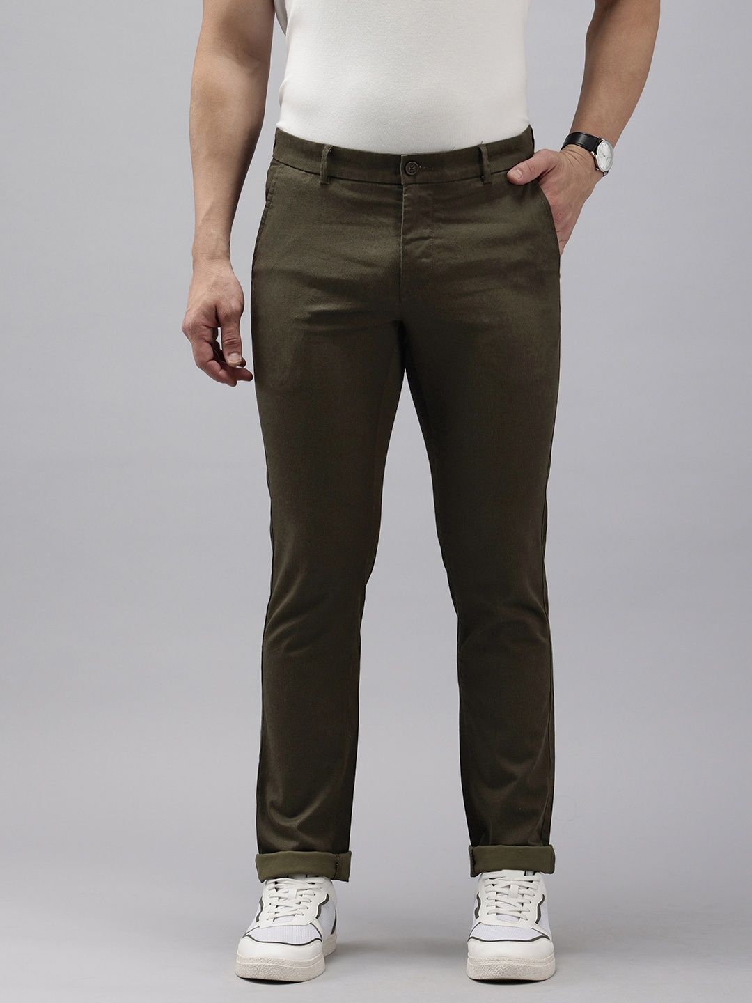 

Arrow Men Checked Bronson Slim Fit Low-Rise Trousers, Olive