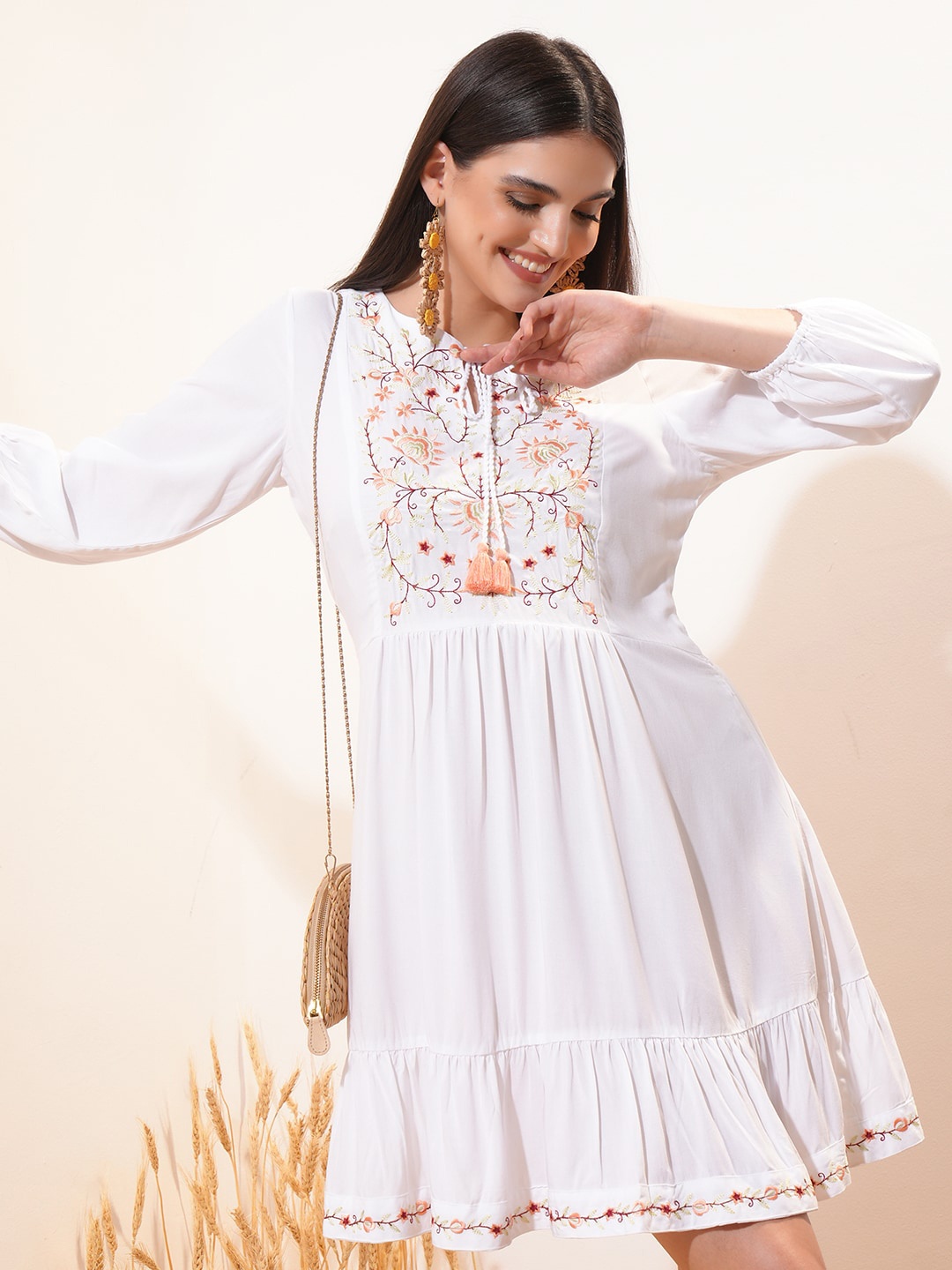 

Vishudh White Floral Printed Tie-Up Neck Puff Sleeve Fit & Flare Dress