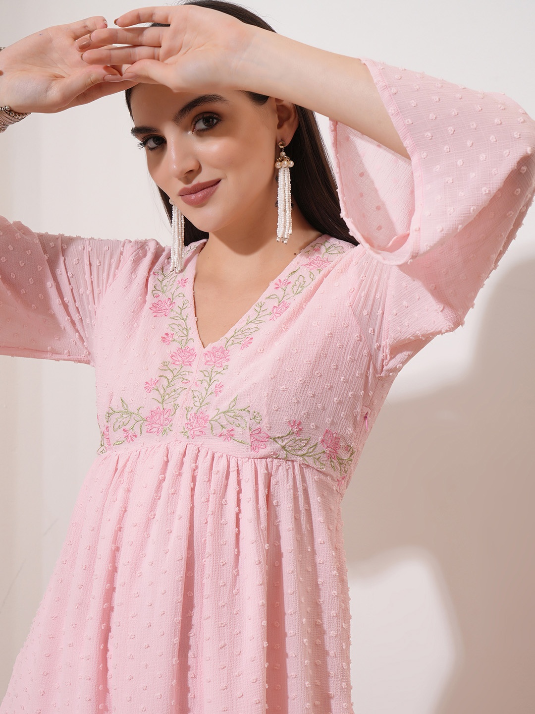 

Vishudh Pink Floral Yoke Design Flared Sleeves Thread Work Empire A-Line Kurta
