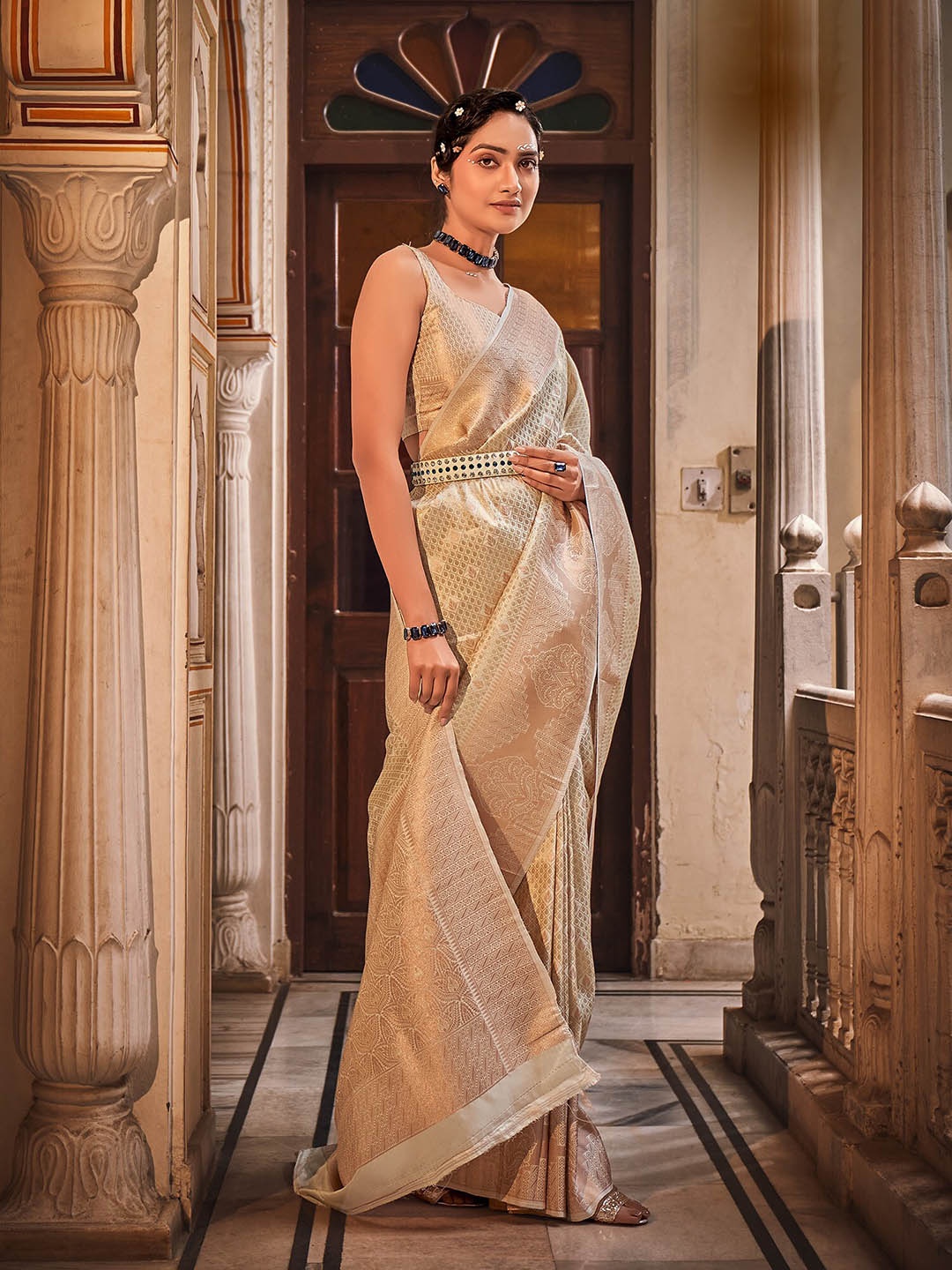 

elora Woven Design Zari Silk Blend Saree, Cream