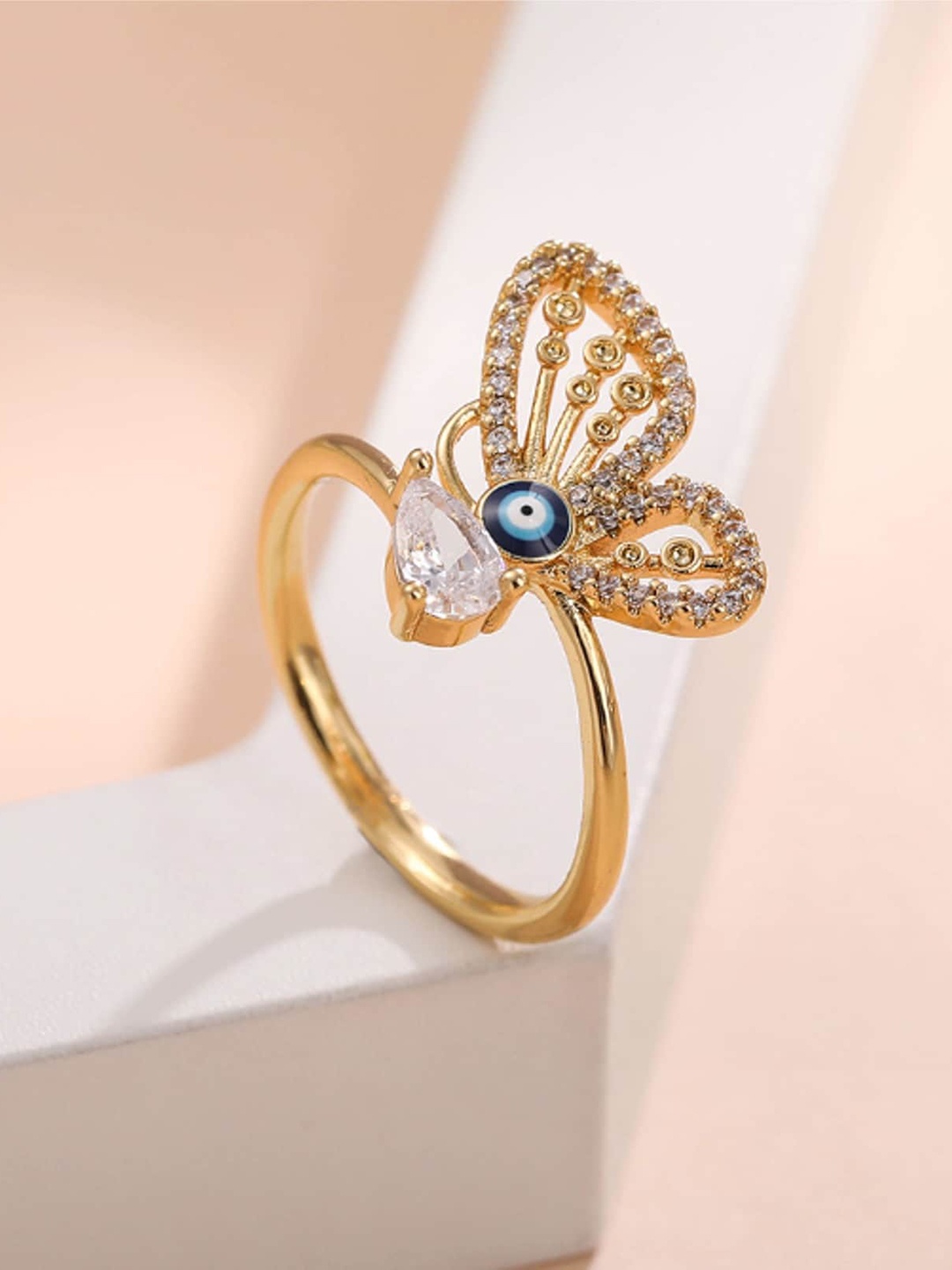 

WHITE LIES Copper Plated Rhinestones Evil Eye Butterfly Ring, Gold