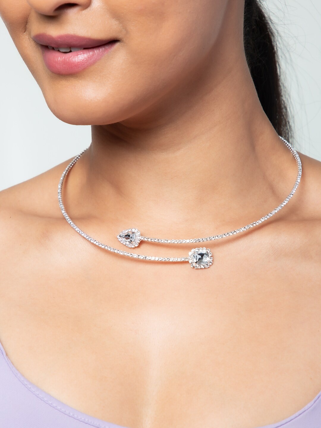 

WHITE LIES Rhinestone Studded Crystal Open Chain, Silver