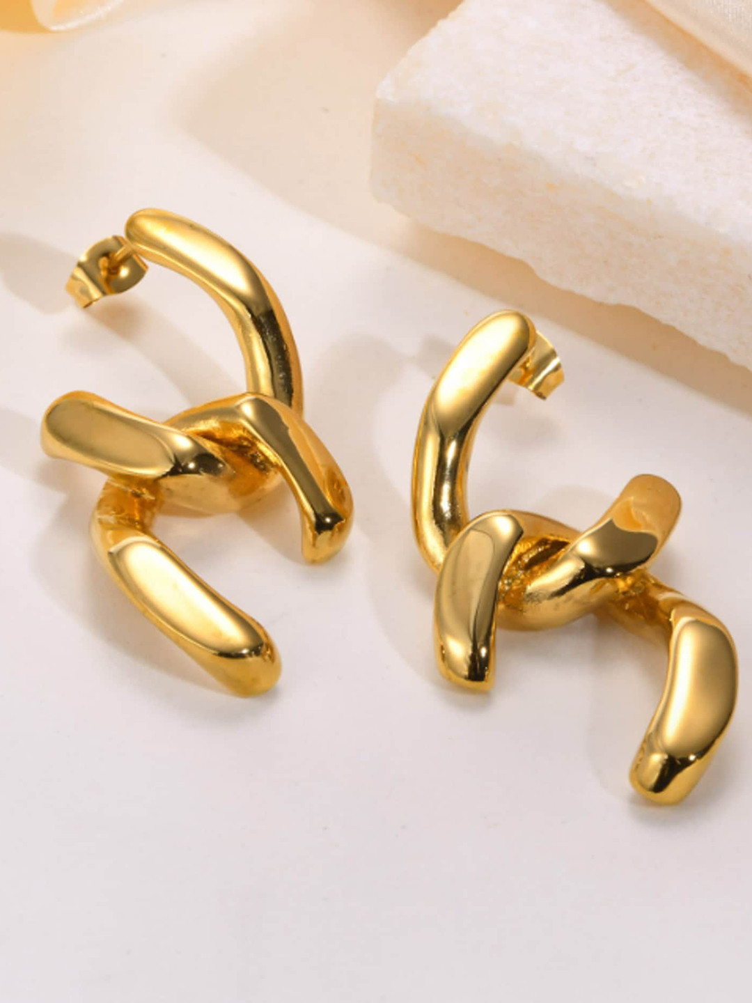 

WHITE LIES Stainless Steel Gold-Plated Contemporary Drop Earrings