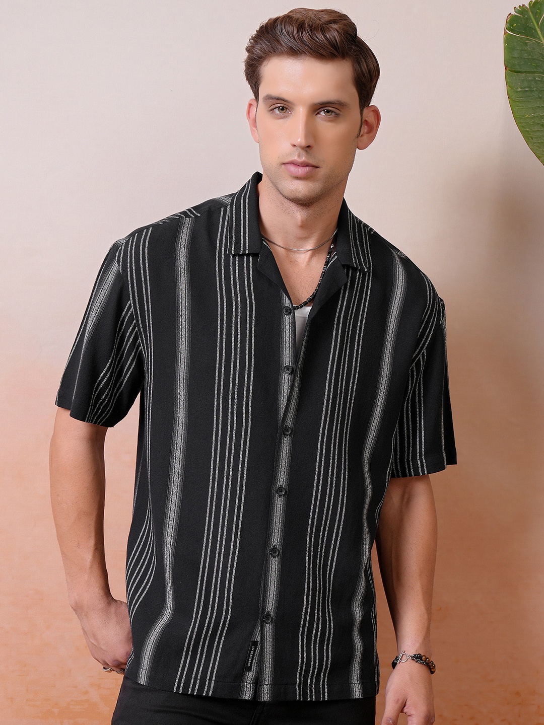 

Locomotive Premium Dobby Textured Striped Cuban Collar Oversized Shirt, Black