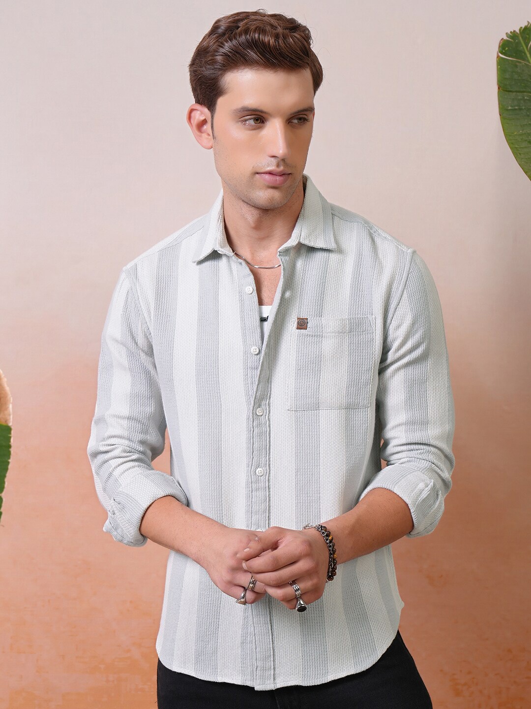 

LOCOMOTIVE Premium Textured Striped Relaxed Shirt, Grey