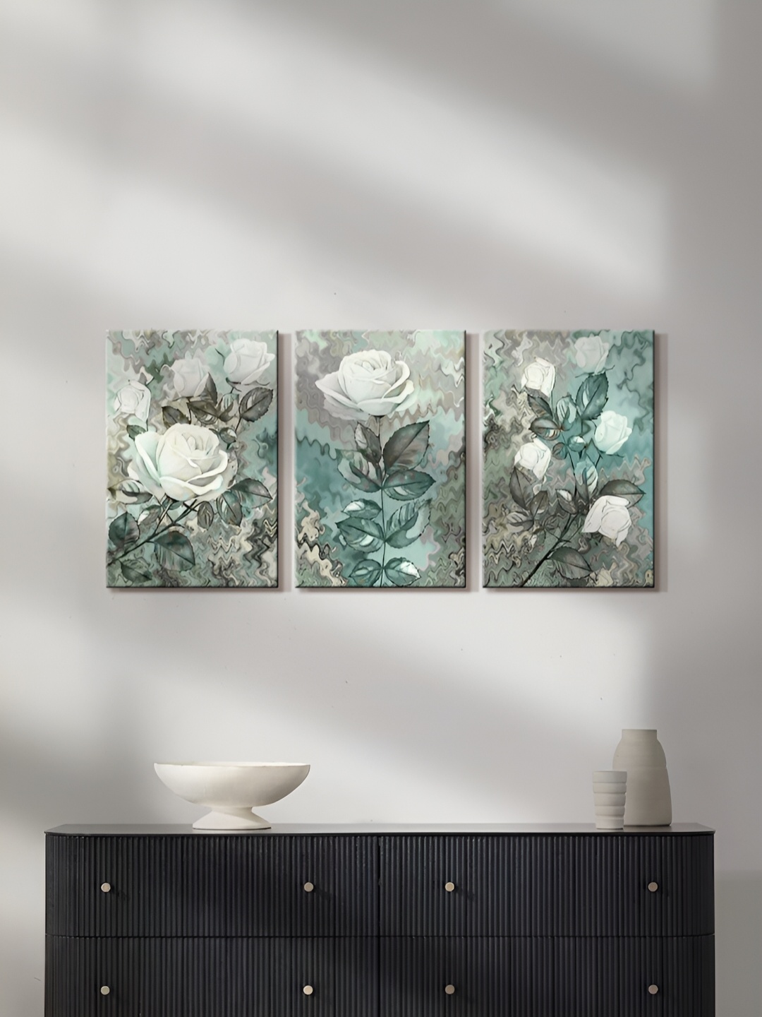 

999Store Grey & White 3 Pieces Canvas Floral and Botanical Canvas Painting Wall Arts