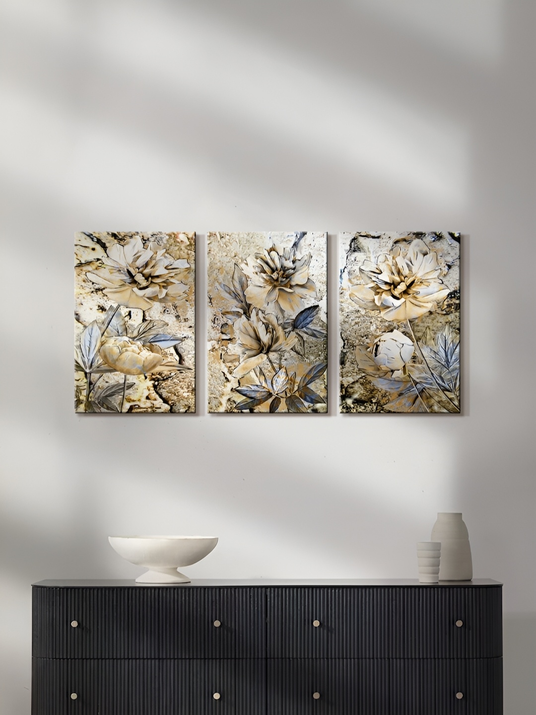 

999Store Brown & White 3 Pieces Floral And Botanical Canvas Painting Wall Arts