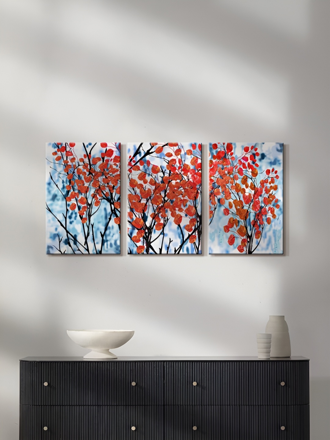 

999Store Blue & Red 3 Piece Canvas Floral and Botanical Paintings Wall Art