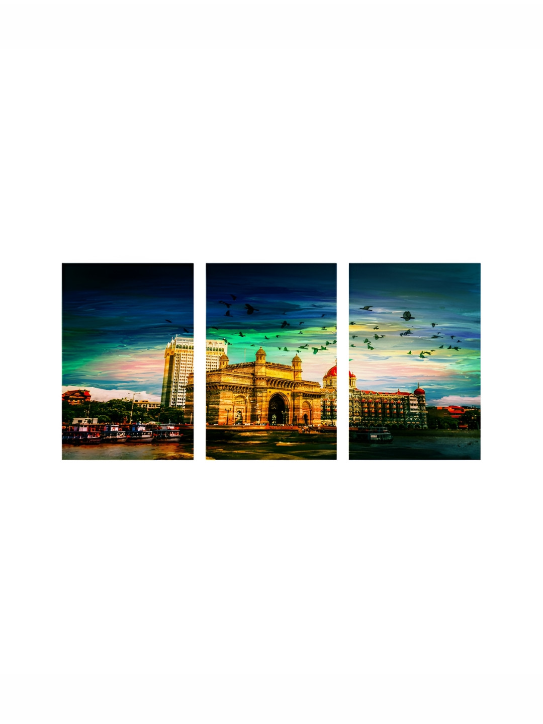 

999Store Brown & Green 3 Pieces Canvas Mumbai City Printed Wall Arts
