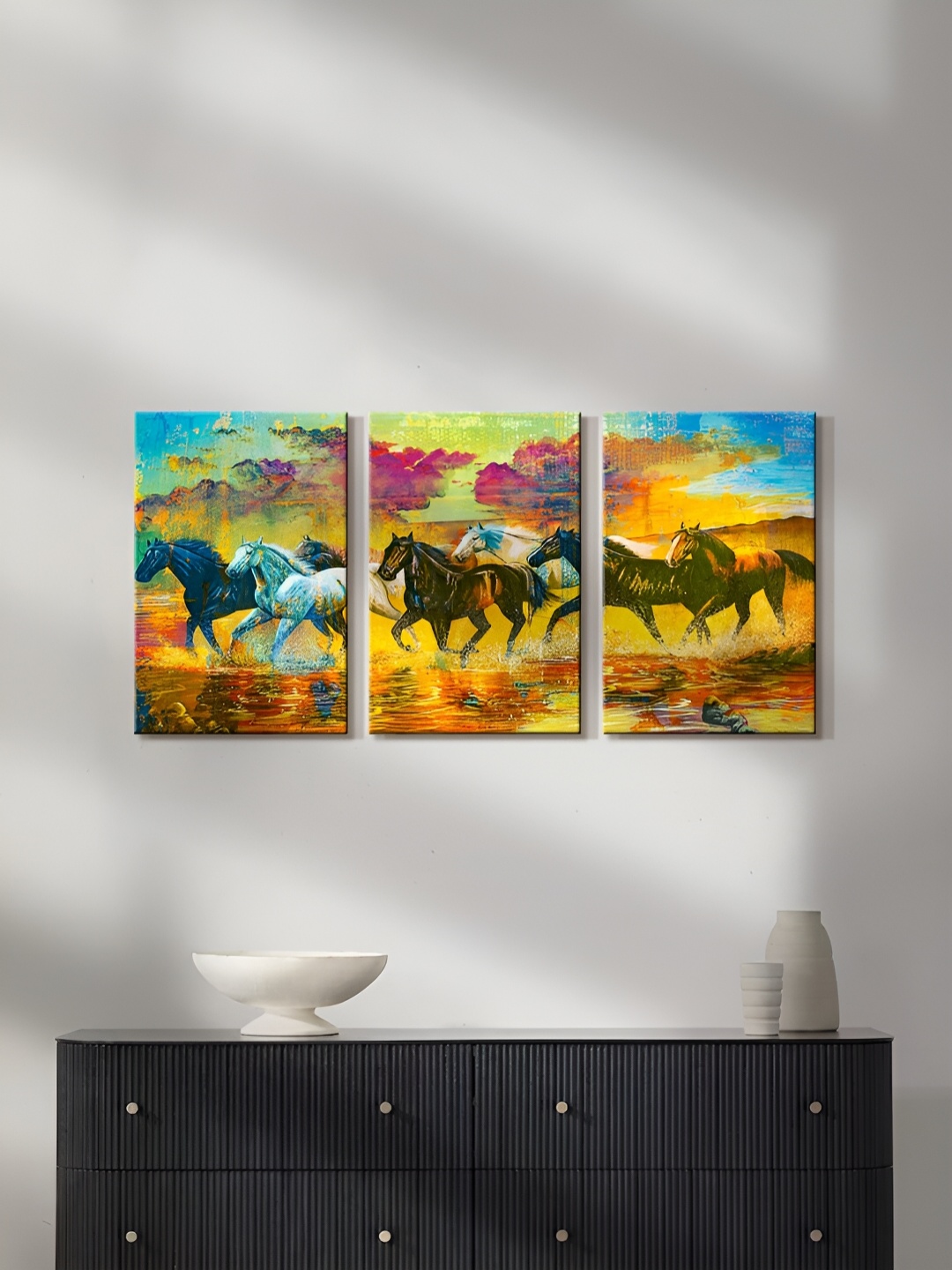 

999Store Yellow & Blue 3 Pieces Running Horses Canvas Painting Wall Arts