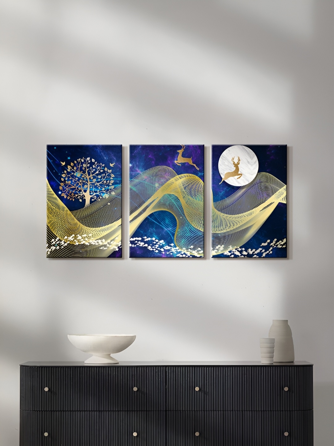 

999Store Blue & Gold-Toned 3 Pieces Canvas Wall Arts