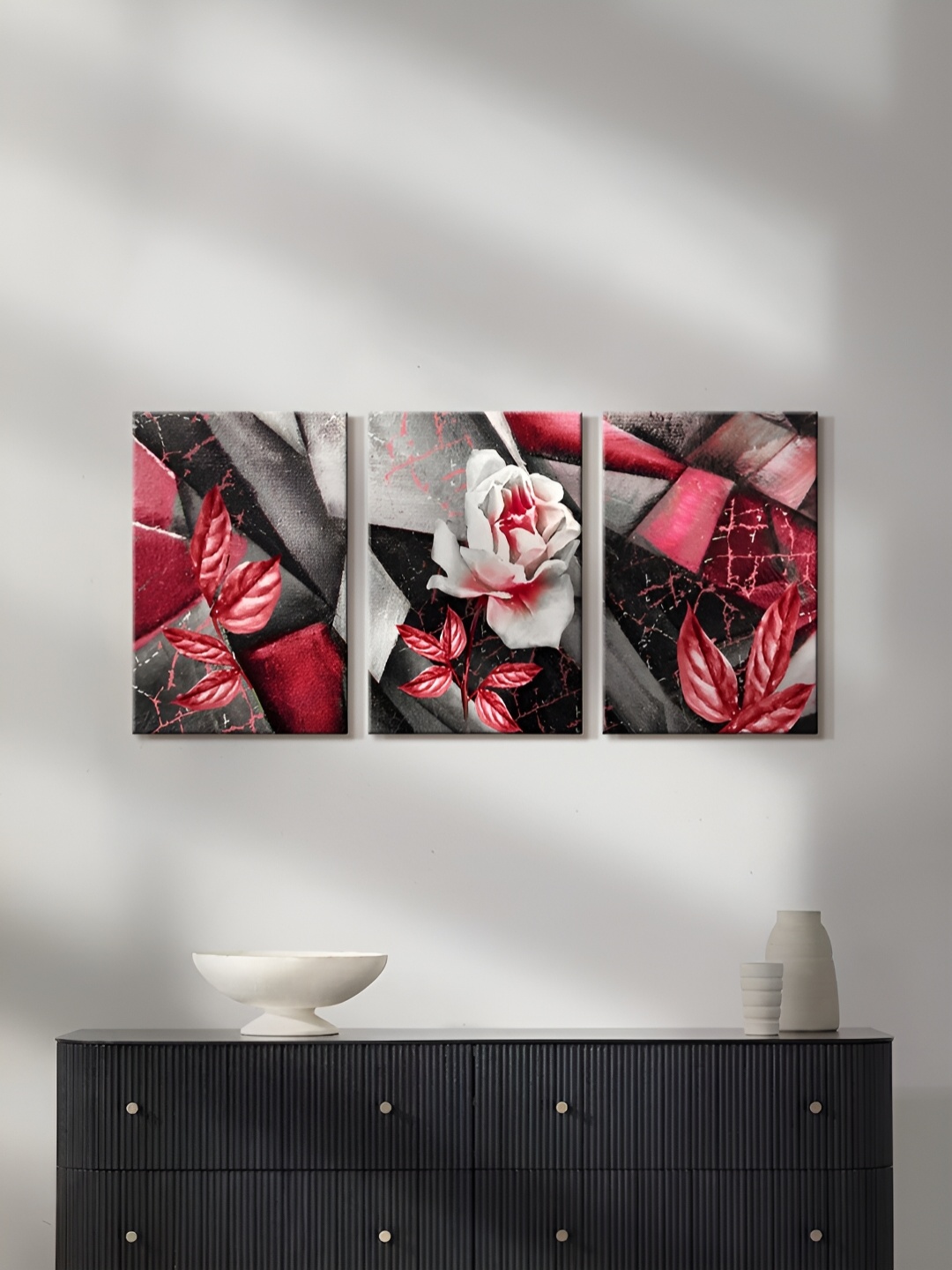 

999Store Grey & White 3 Pieces Canvas Floral Wall Arts