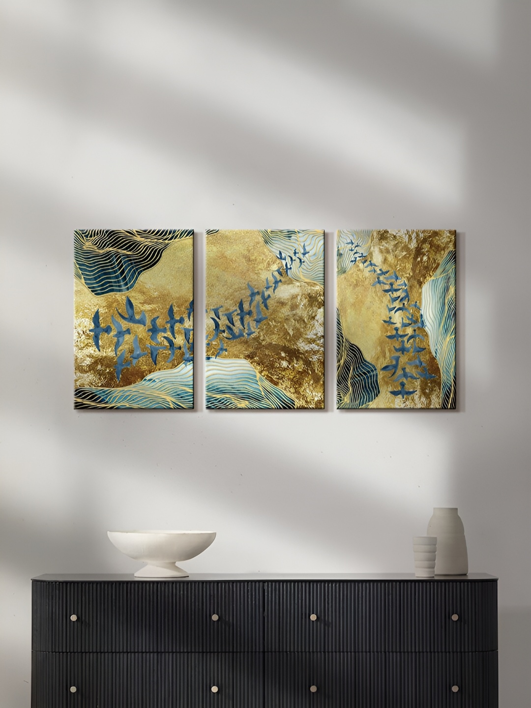 

999Store Gold-Toned & Blue 3 Piece Canvas Abstract Paintings Wall Art