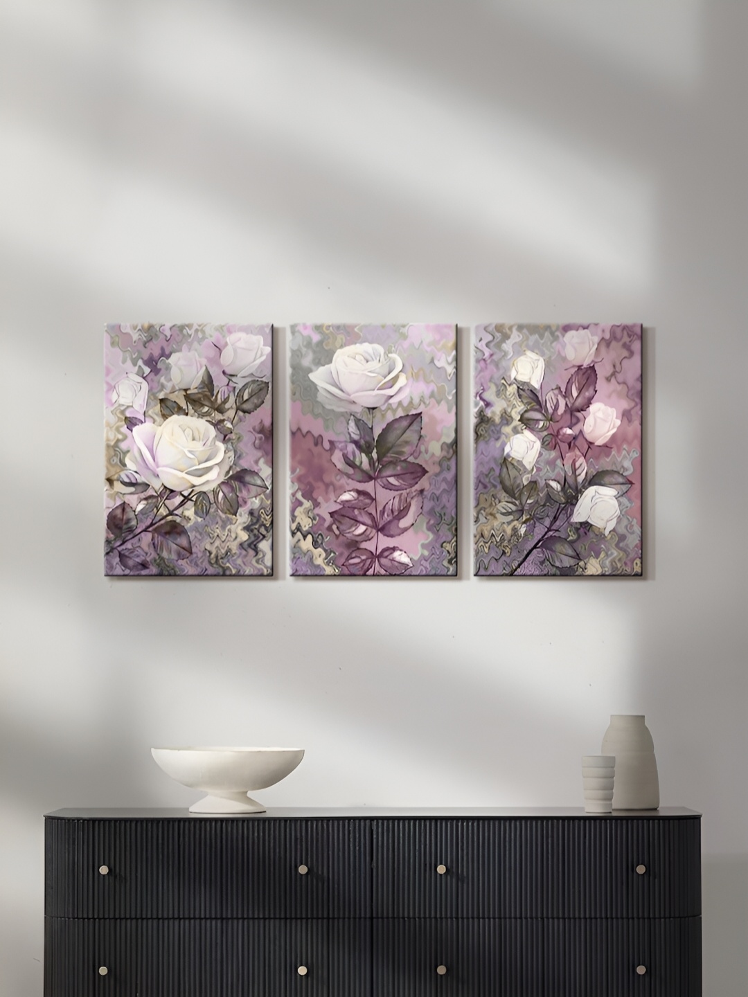 

999Store Violet & White 3 Pieces Floral And Botanical Canvas Painting Wall Arts