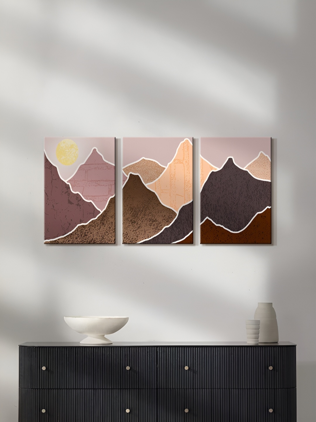 

999Store Purple & Yellow 3 Pieces Sunset On The Mountain Painting Wall Arts