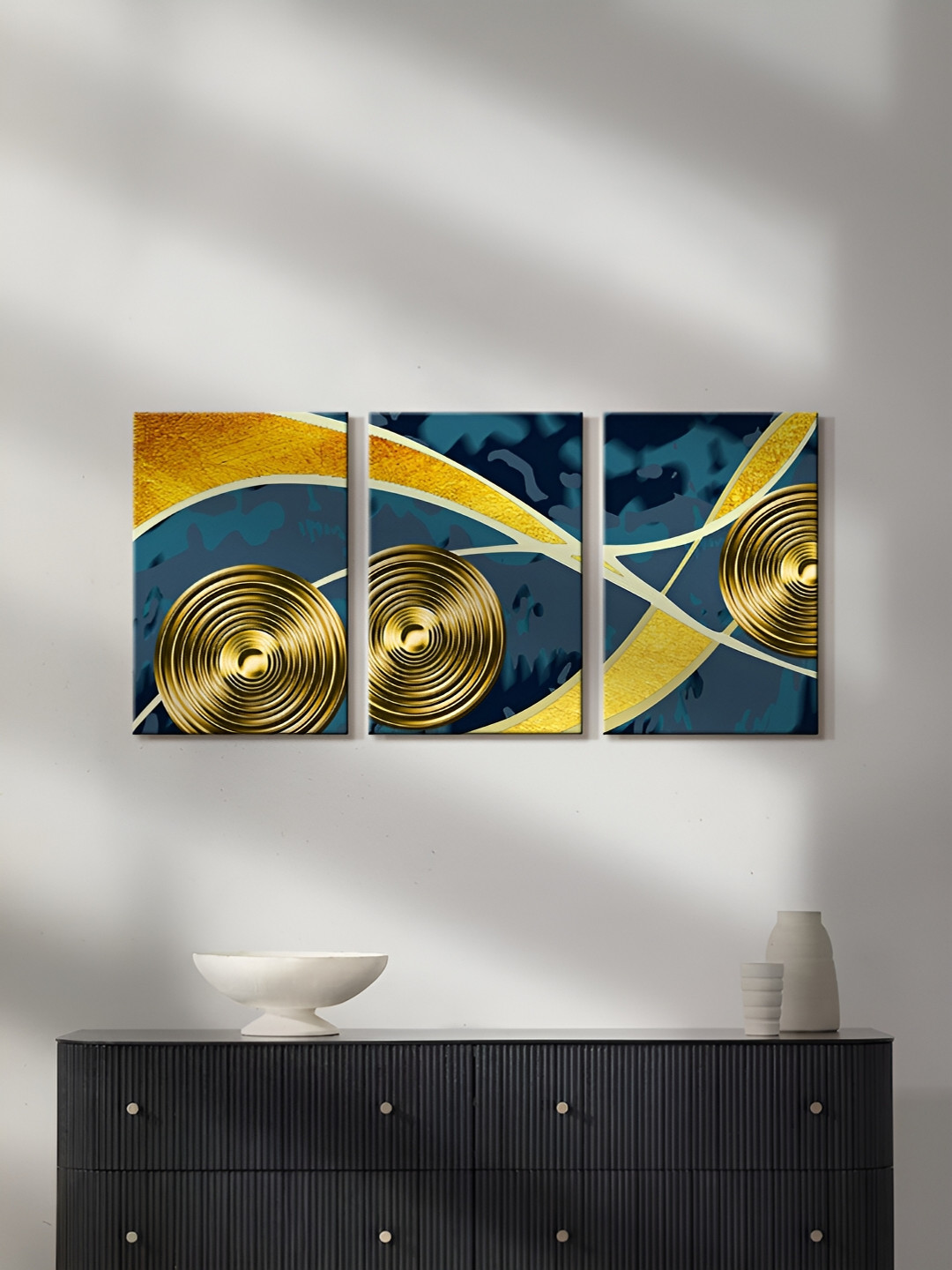 

999Store Blue & Yellow 3 Pieces Canvas Abstract Wall Paintings