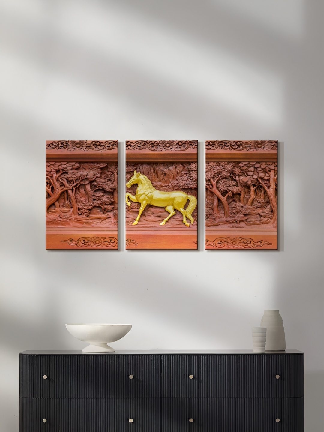

999Store Brown & Yellow 3 Piece Canvas Painting Wall Arts