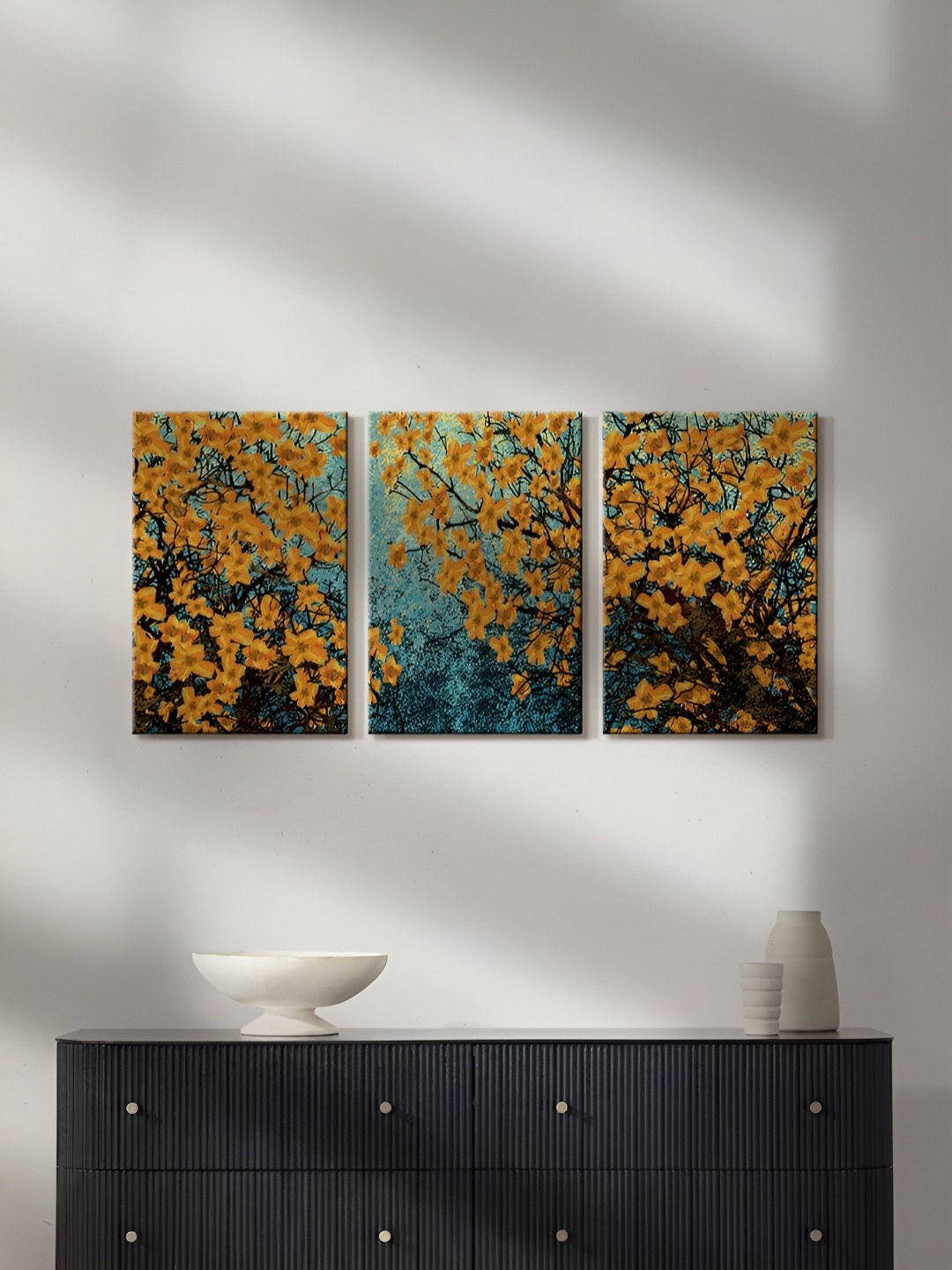 

999Store Blue & Yellow 3 Pieces Floral and Botanical Canvas Wall Art Paintings