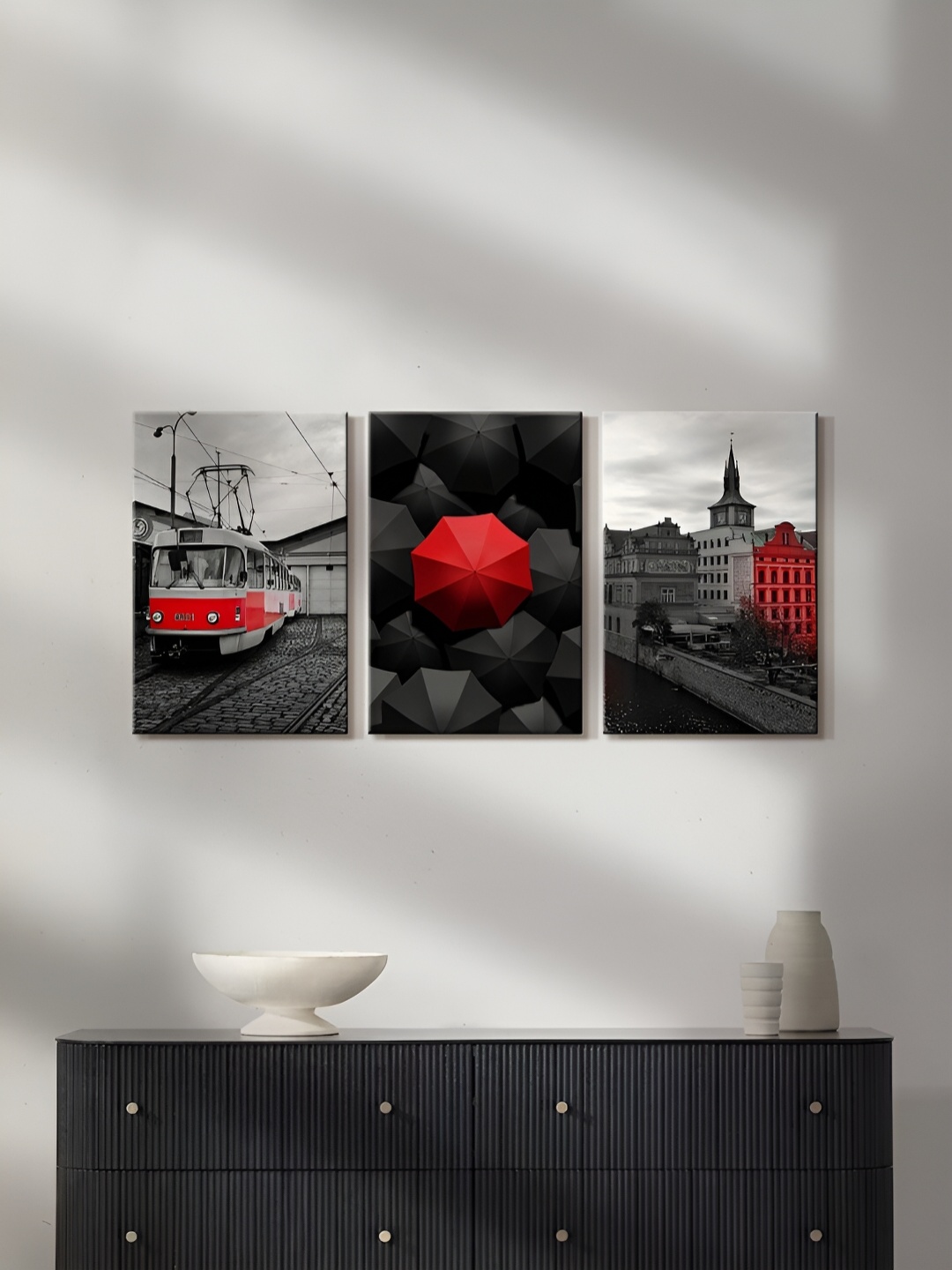 

999Store Grey & Red 3 Pieces Canvas Painting Wall Arts