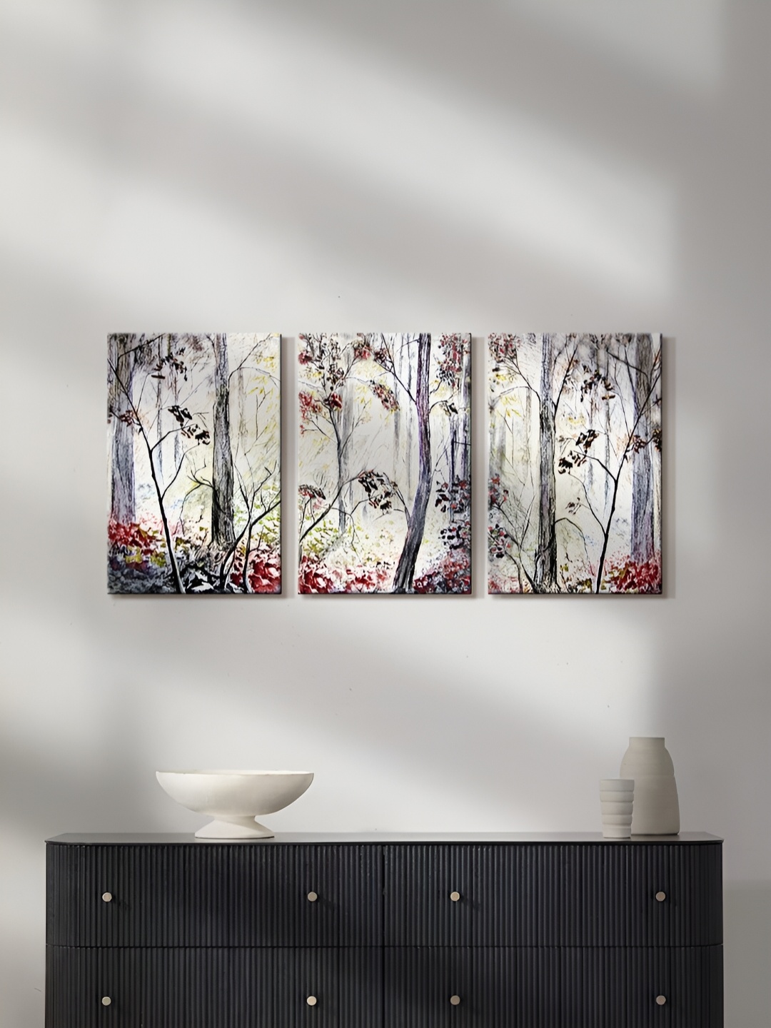 

999Store Grey & Red 3 Pieces Floral and Botanical Canvas Wall Art Paintings