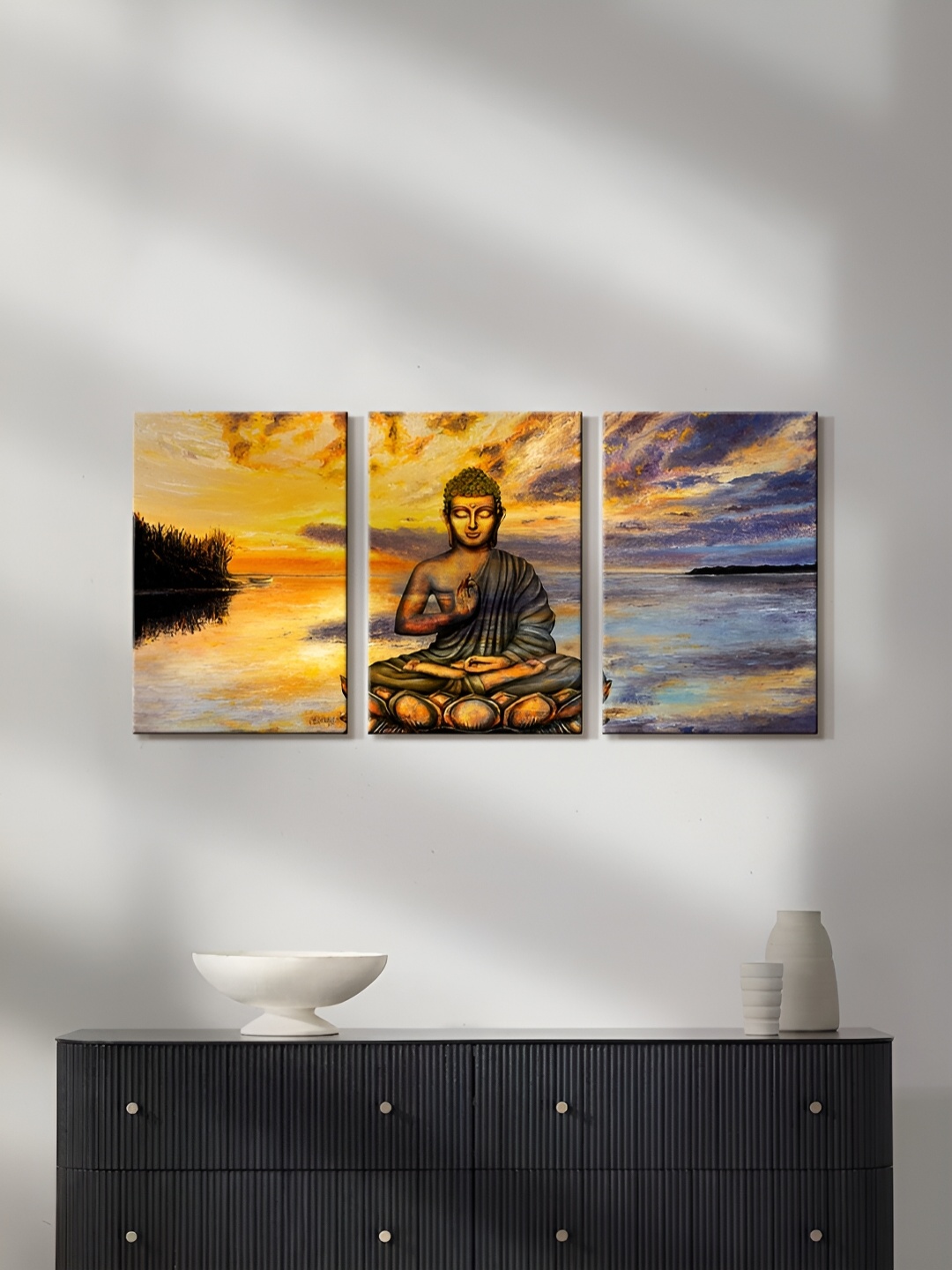 

999Store Brown & Yellow 3 Pieces Buddha Religious Canvas Painting Wall Arts