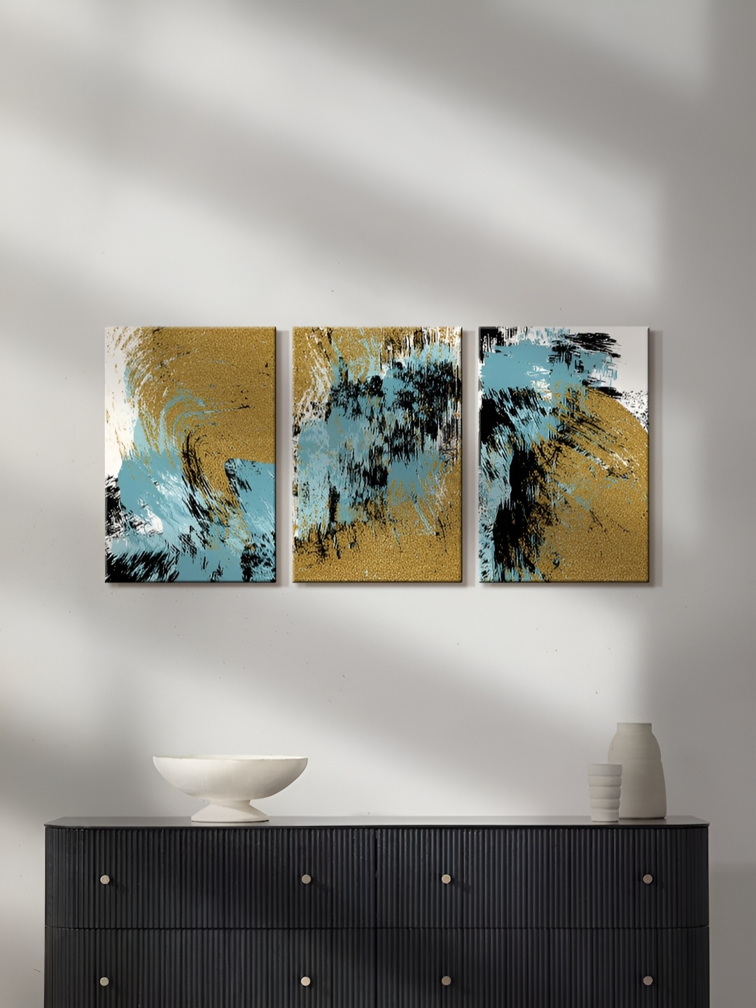 

999Store White & Blue 3 Pieces Abstract Printed Canvas Painting Wall Arts