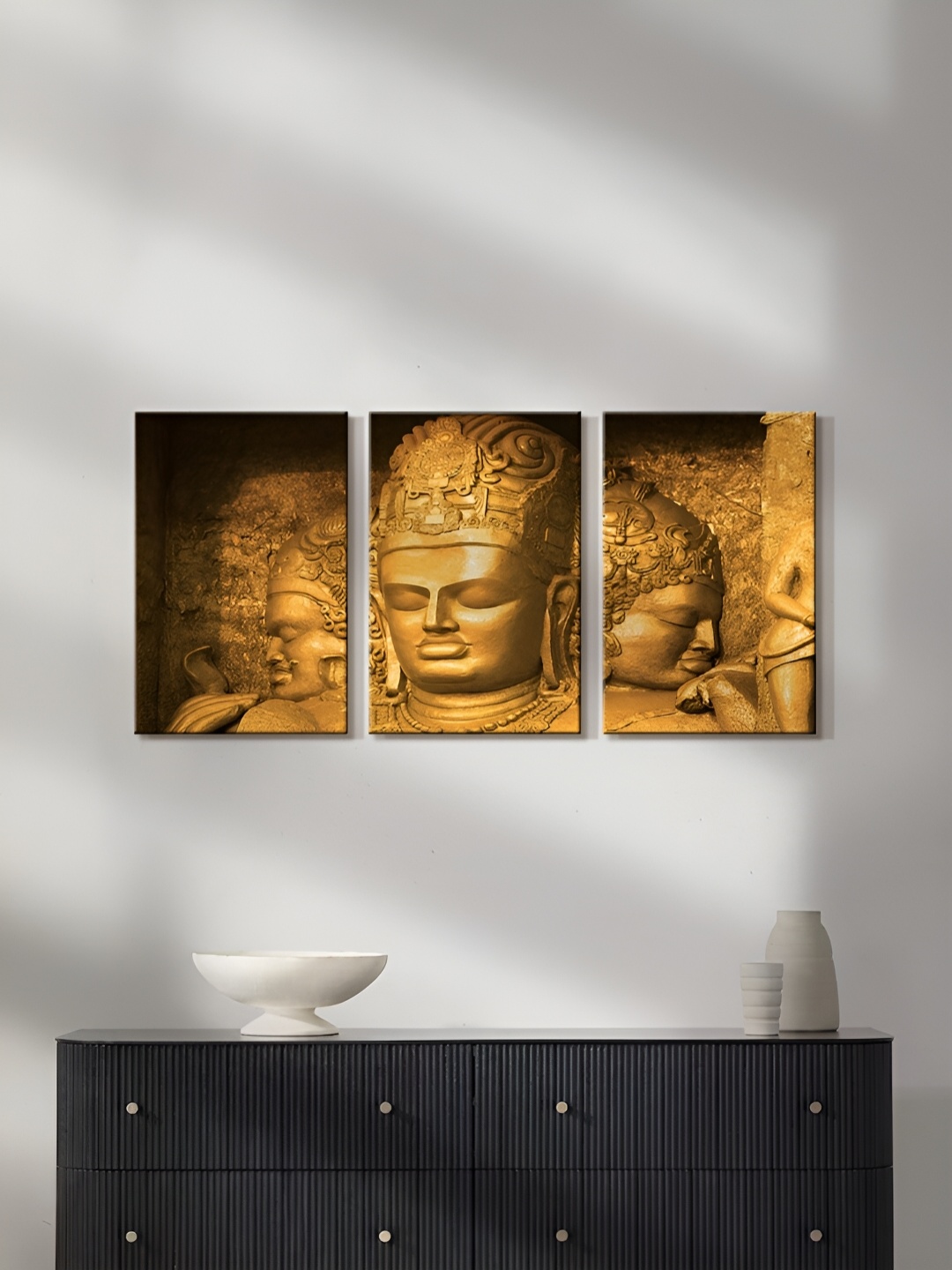 

999Store Brown 3 Pieces Mural Golden Buddha Painting Wall Arts