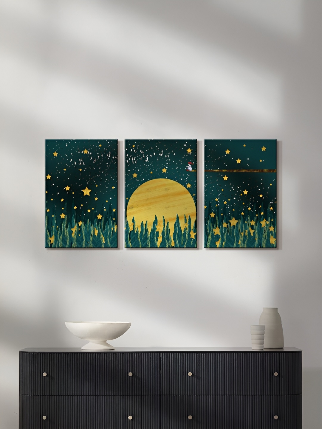

999Store Green & Yellow 3 Pieces Moonlight With Stars Painting Wall Arts