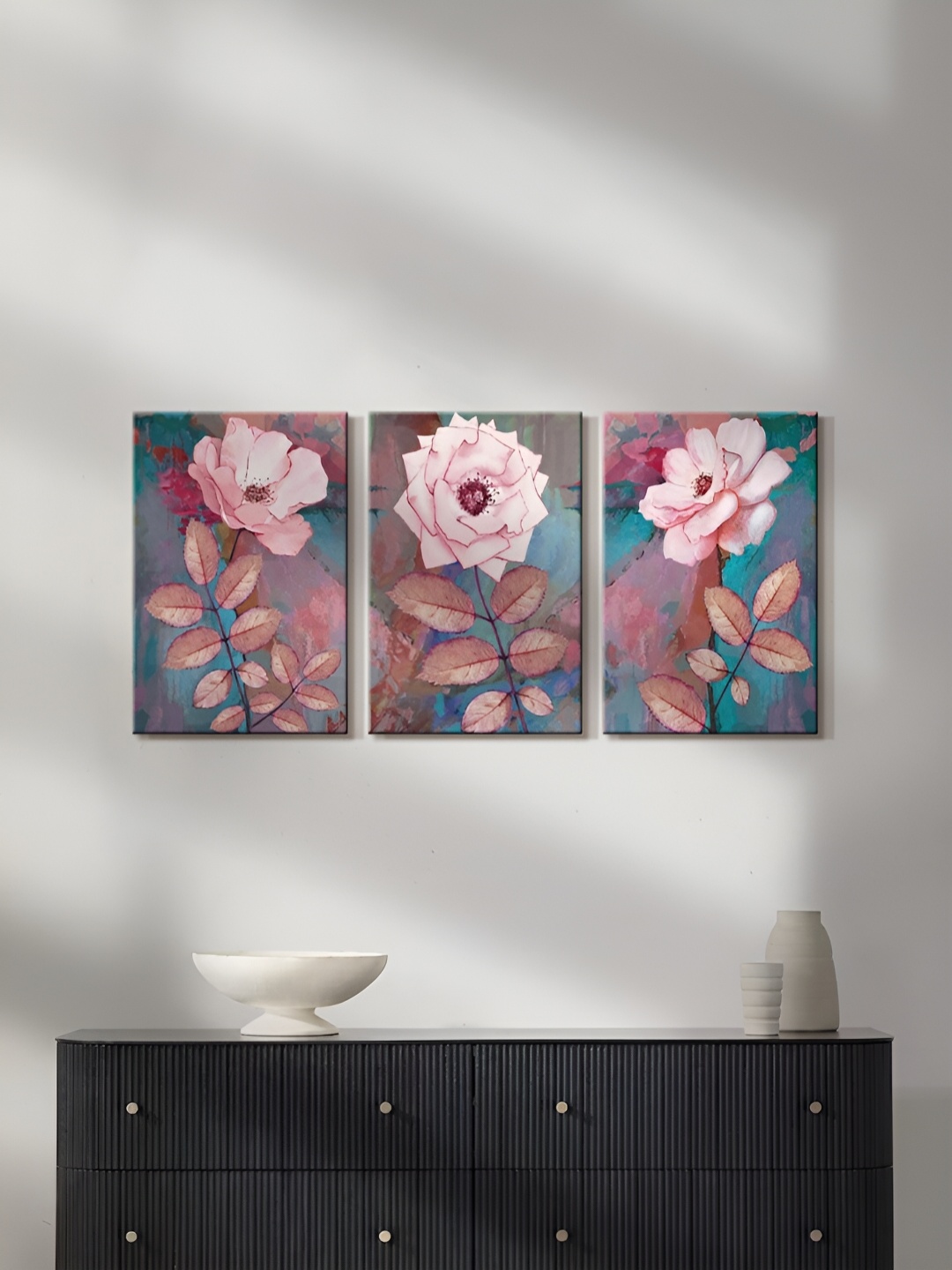 

999Store Green & Pink 3 Piece Canvas Floral and Botanical Paintings Wall Art