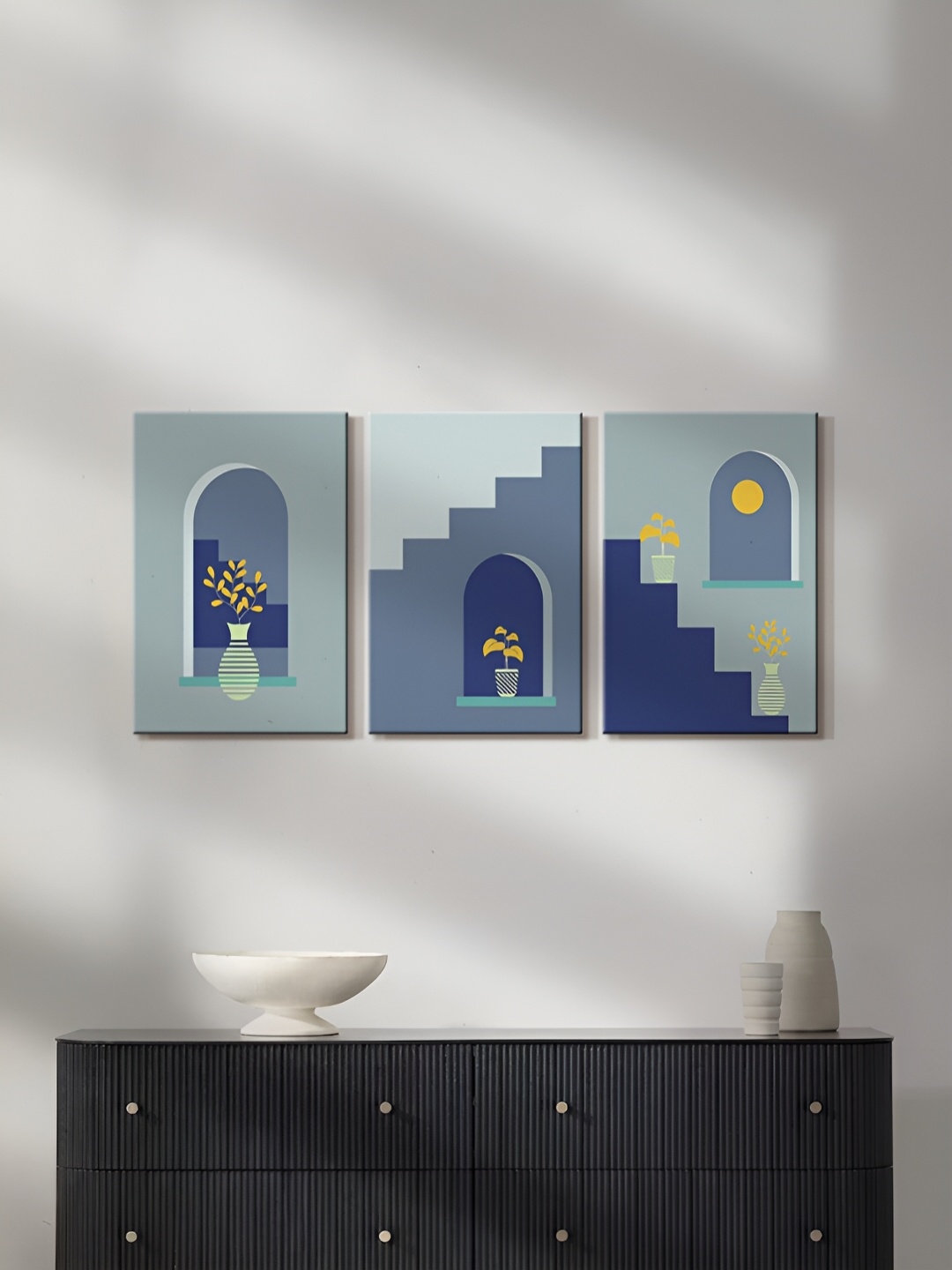 

999Store Blue & White 3 Pieces Abstract Printed Canvas Painting Wall Arts