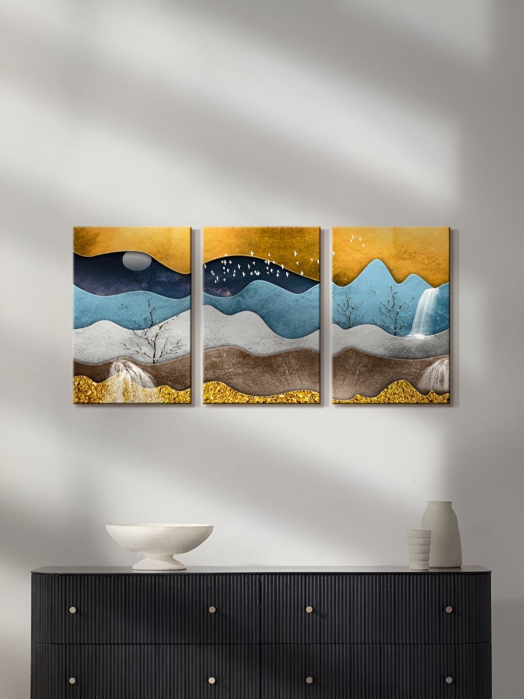 

999Store Yellow & Blue 3 Pieces Mountain Painting Wall Arts