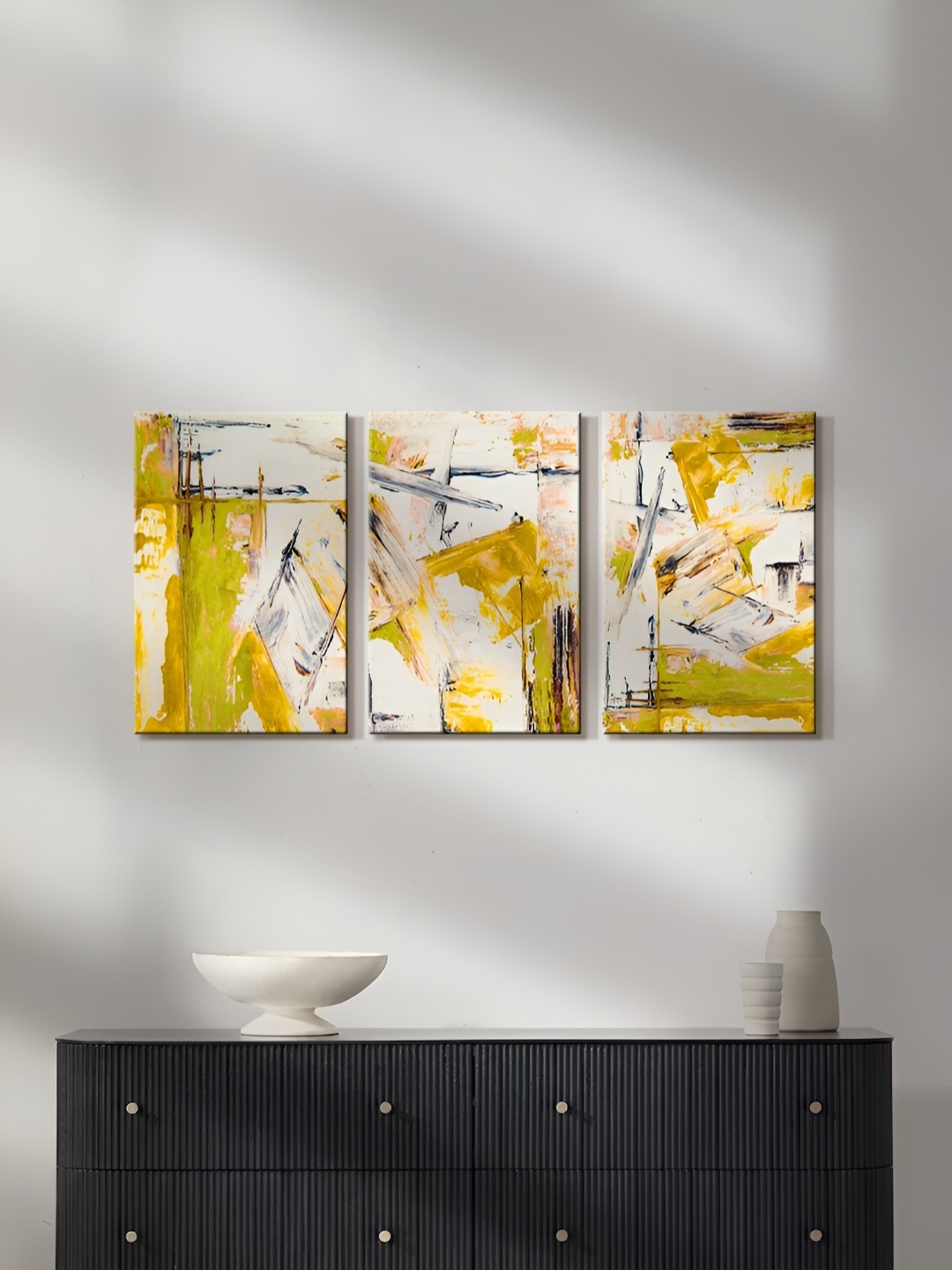 

999Store Grey & Fluorescent Green 3 Piece Canvas Abstract Paintings Wall Art
