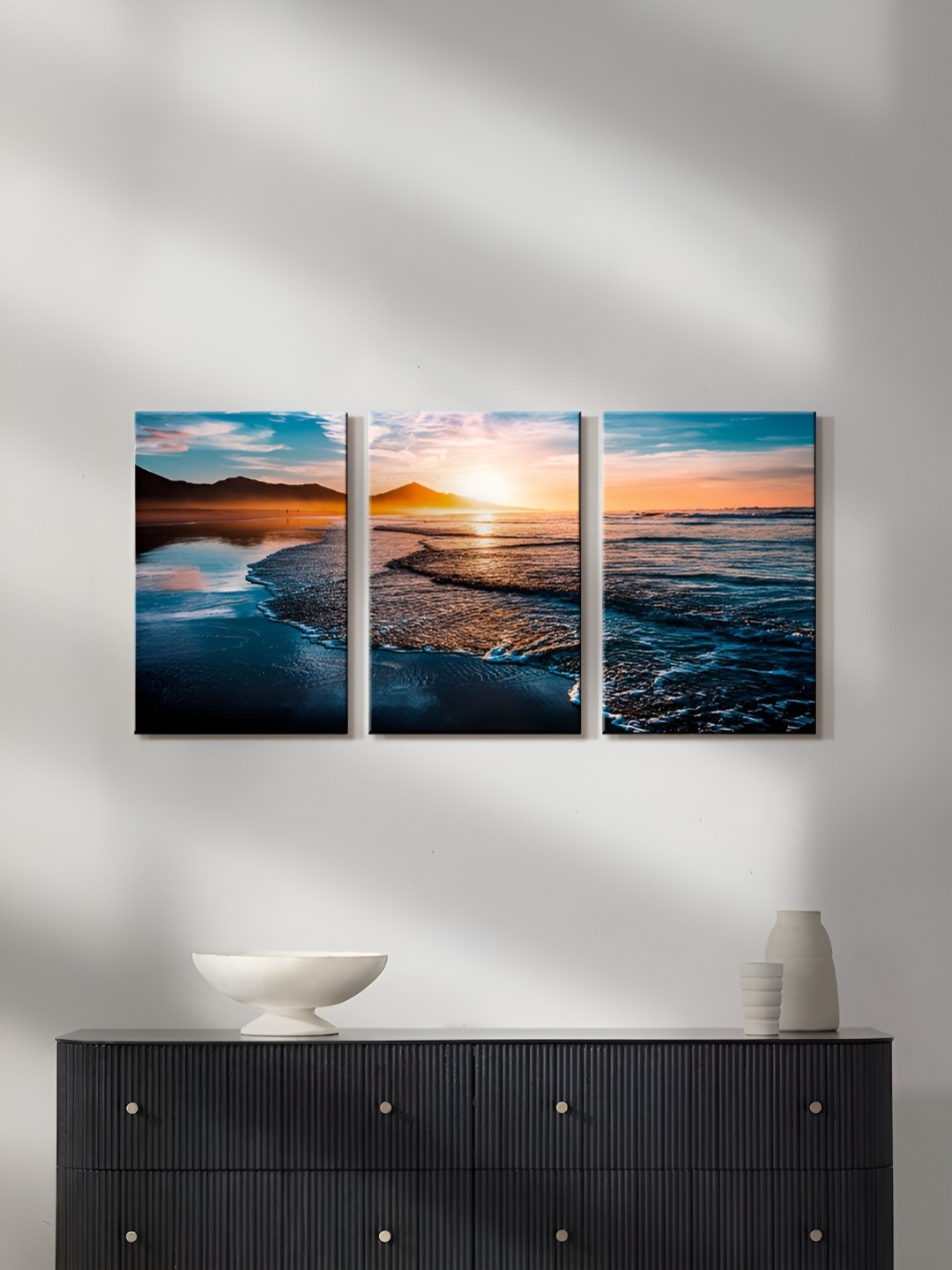 

999Store Blue 3 Pieces Sky Water & Sunrise Painting Wall Arts