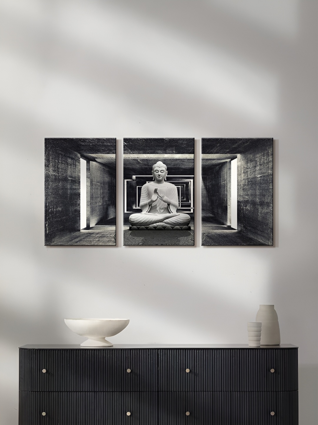

999Store Black & Grey 3Pcs Canvas Religious Buddha Wall Paintings