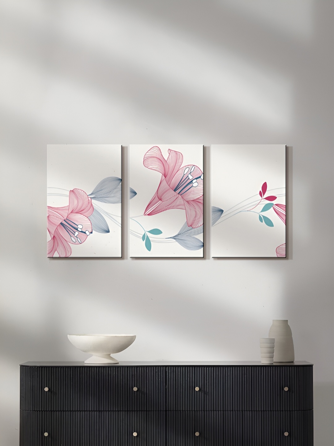 

999Store White & Pink 3 Piece Canvas Floral Painting Wall Arts